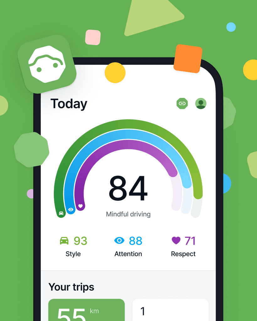 App screen for drivers displaying a colorful graph tracking driving behavior, there are confetti elements around the phone screen.