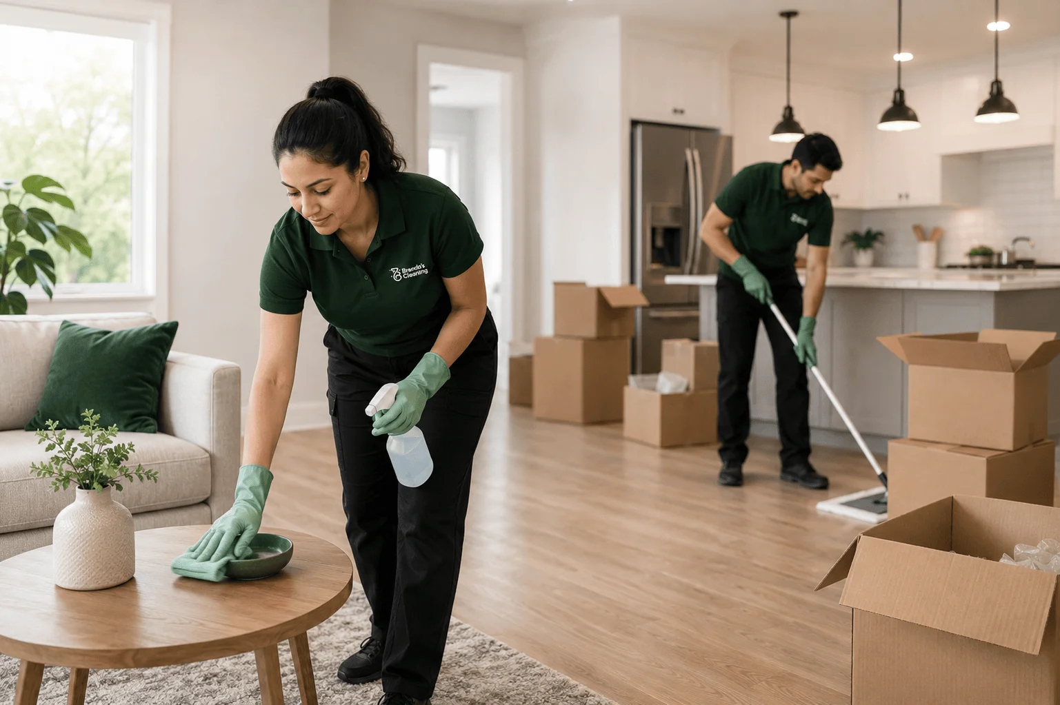 A professional residential cleaning team with Brenda's Cleaning performing a deep move-in move-out cleaning service throughout an open-concept luxury home. Cardboard moving boxes labeled "MOVE IN MOVE OUT CLEANING" sit on the floor. All team members wear matching navy blue company uniforms, baseball caps, and blue protective gloves. On the far left, a house cleaner sprays and wipes a large window. In the center, a maid wipes down a marble coffee table with a microfiber cloth and a branded spray bottle. In the background, a cleaner wearing a ProTeam backpack vacuum cleans near the kitchen island. On the far right, a maid cleans the interior of the kitchen cabinets. This action-oriented scene highlights comprehensive deep cleaning, moving day housekeeping, and top-rated local maid services in Keller and Southlake, Texas.