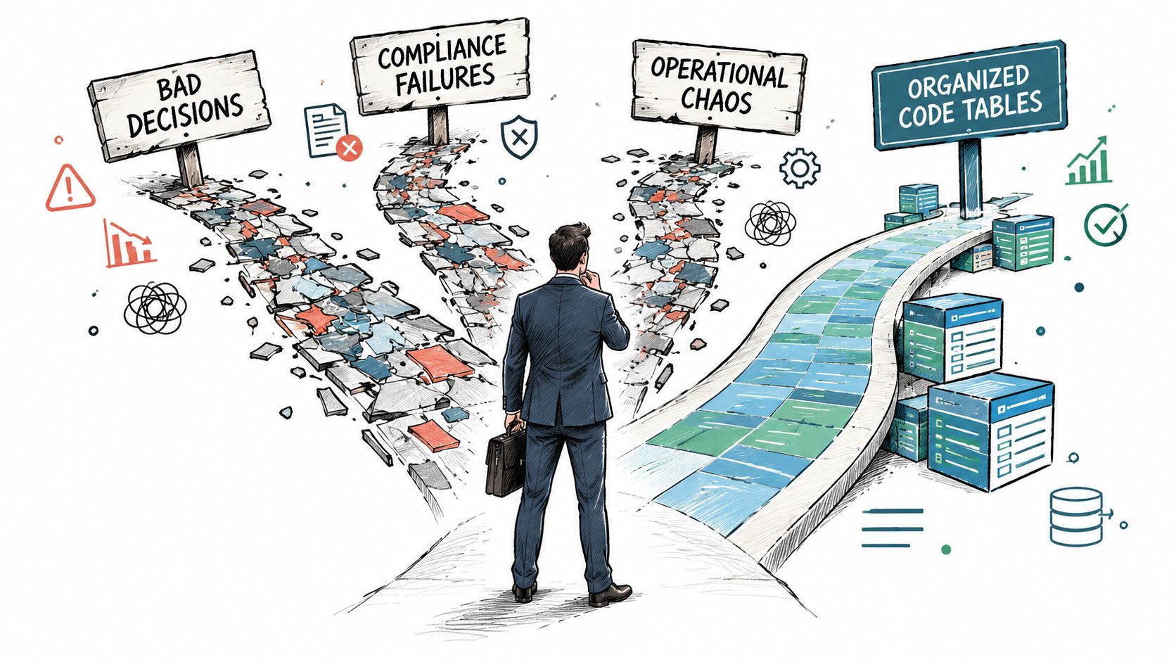 A businessman standing at a crossroads choosing between chaotic paths and organized code table solutions.