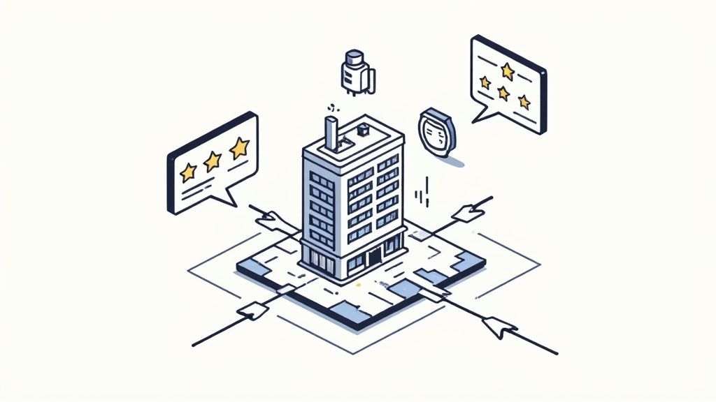 A hotel manager using a modern dashboard to analyze guest data and market trends, symbolizing turning insights into dominance.