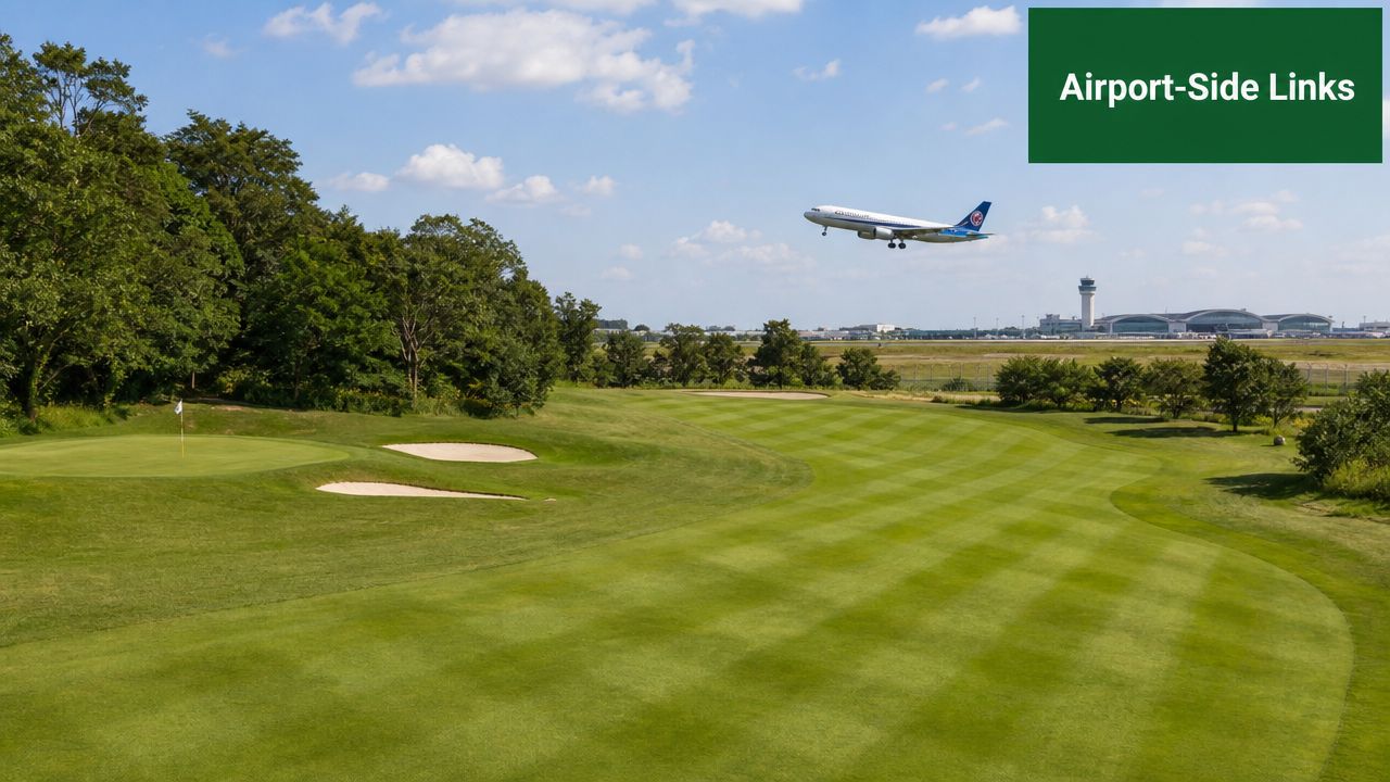 A scenic view of a golf course fairway with an airplane flying above the airport terminal nearby.