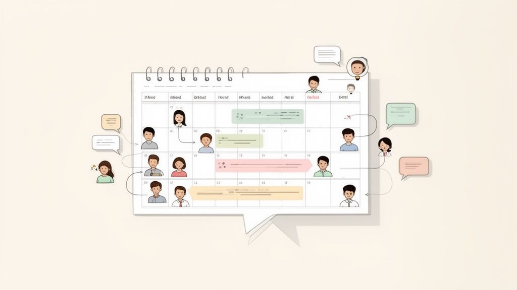 A calendar showing diverse cartoon people's faces linked to colorful schedule bars and speech bubbles, representing team planning.