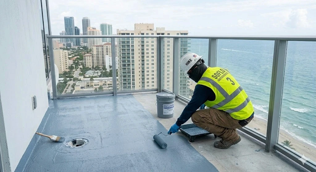 Balcony waterproofing membrane installation on a Fort Lauderdale condominium — Planet Construction FL