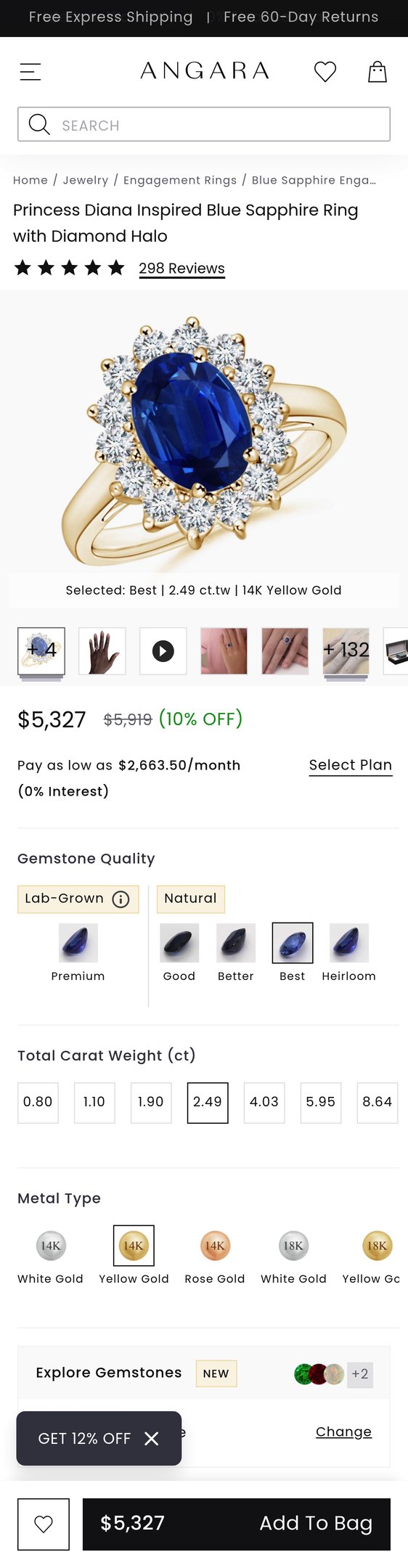 Jewelry product options include: ring for Princess Diana Inspired Blue Sapphire Ring with Diamond Halo from Angara.