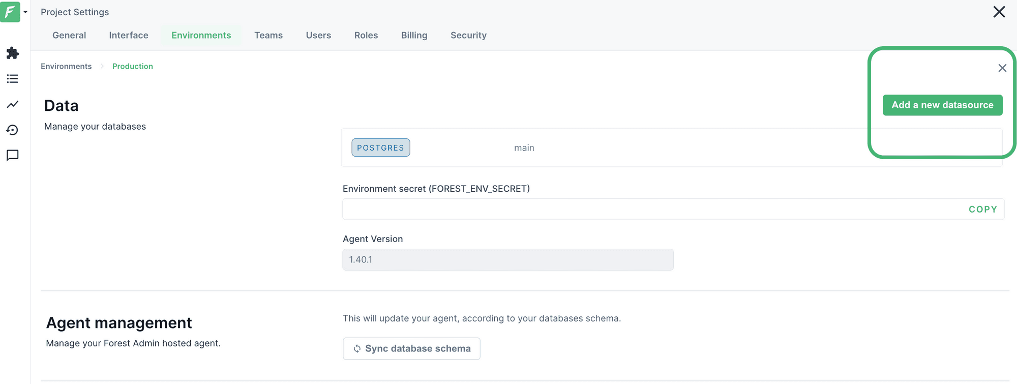 A screenshot from Forest Admin project settings presenting adding a new datasource