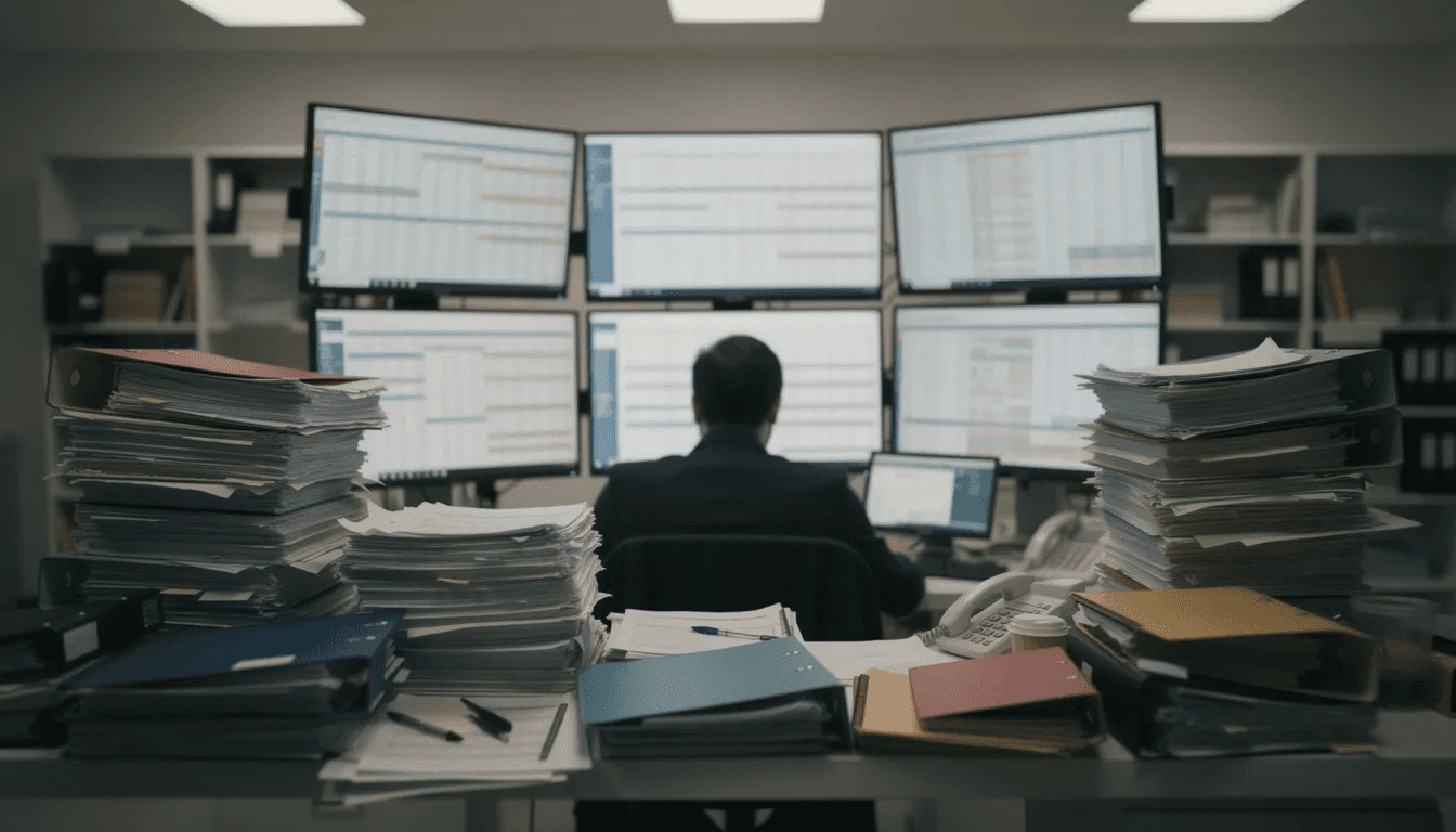 A person sits at a cluttered desk surrounded by stacks of paper documents and multiple computer screens displaying complex spreadsheets related to order processing and inventory management. This scene reflects the challenges of manual data entry in an order management process, highlighting the need for automated order processing systems to enhance operational efficiency and customer satisfaction.