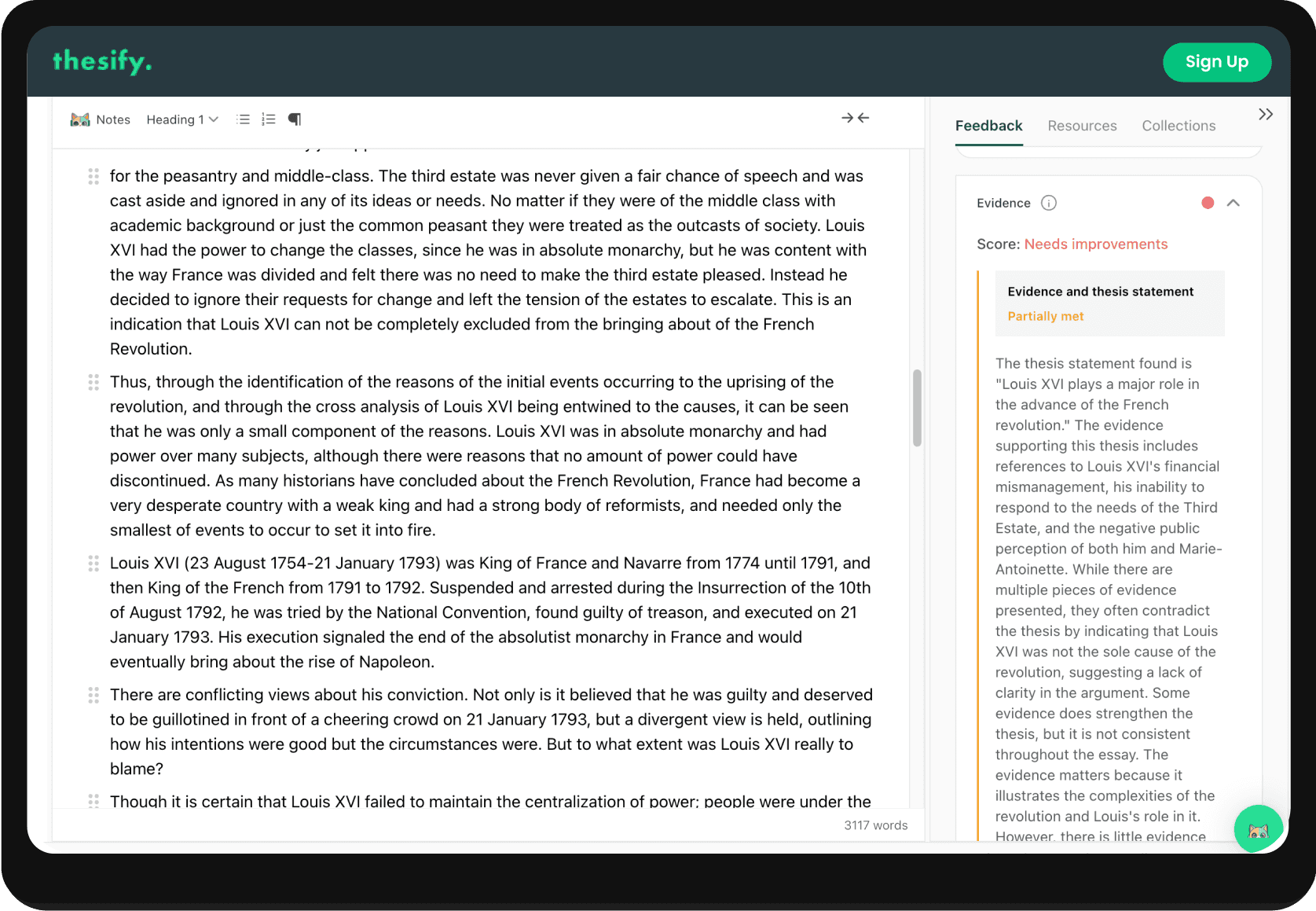screenshot of thesify's feedback for evidence