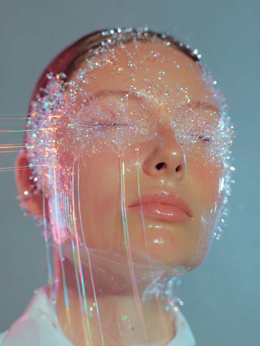 A person with closed eyes is covered in shimmering, iridescent glitter, creating a surreal and ethereal appearance against a soft, blurred background.