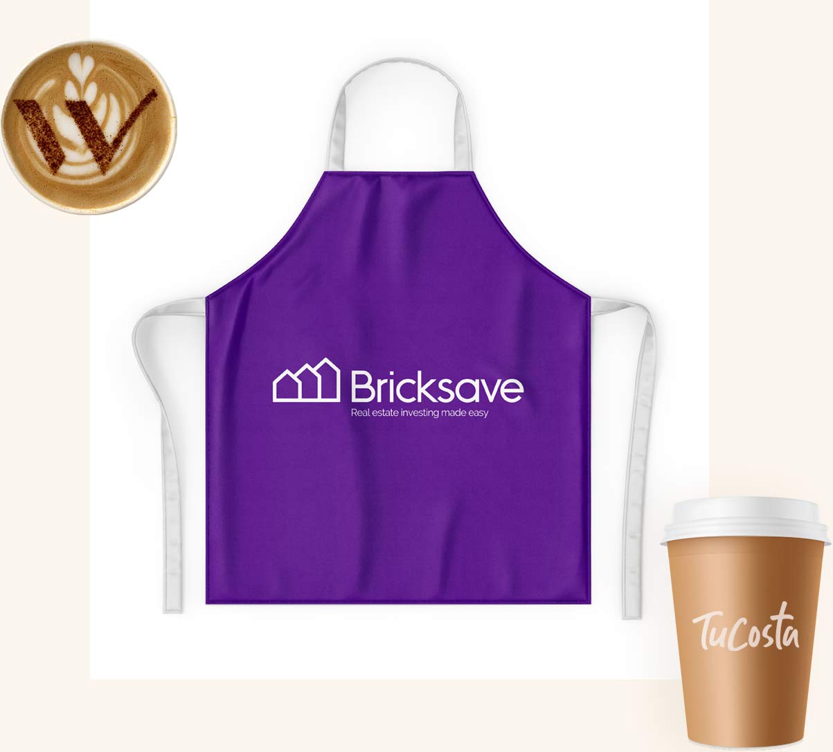 Showcasing your branding on our coffee bar, compostable cups, cappuccino stencils, menus, and clothing