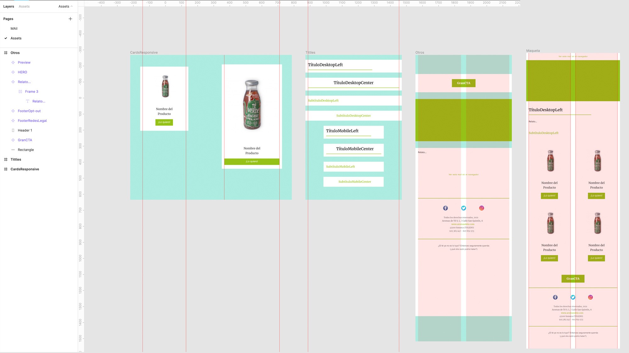 Interfaz de Figma donde se puede ver la contrucción de componentes para las newsletters