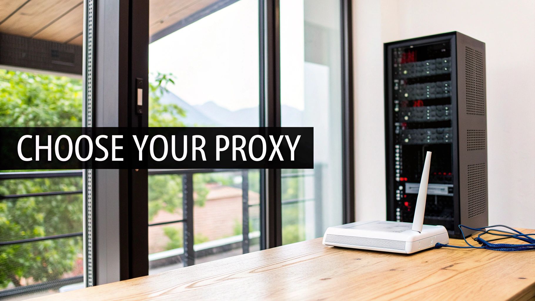 A wooden desk with a white wireless router, blue network cables, and a large server rack in the background. A black banner displays the text 'CHOOSE YOUR PROXY'.