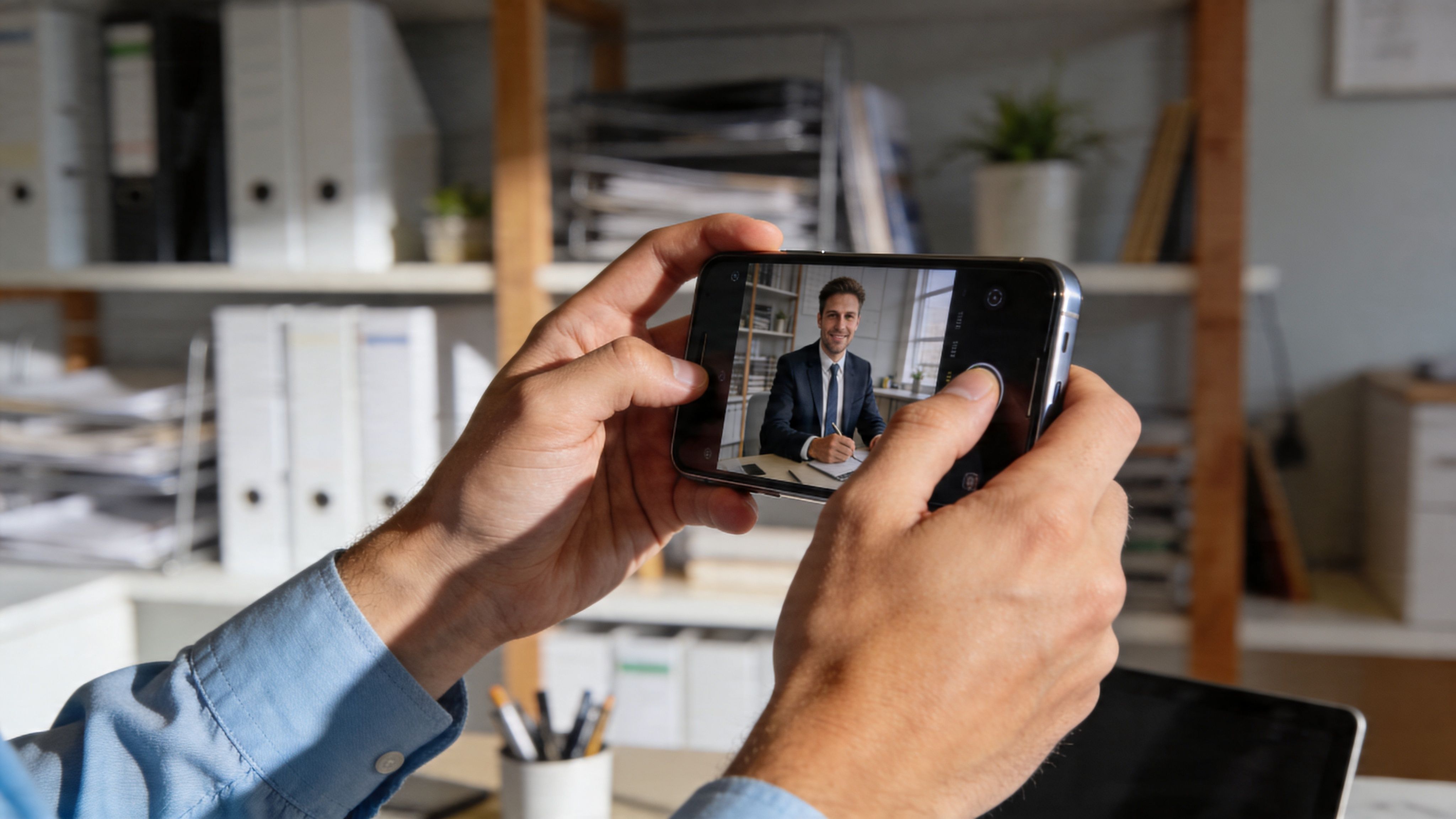 Ein Geschäftsmann fotografiert einen Kollegen während eines Videotelefonats mit seinem Smartphone in einem hellen Büro.