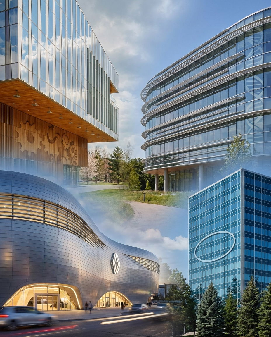 Abstract collage representing global companies Thyssenkrupp, Novartis, Renault, and Ford