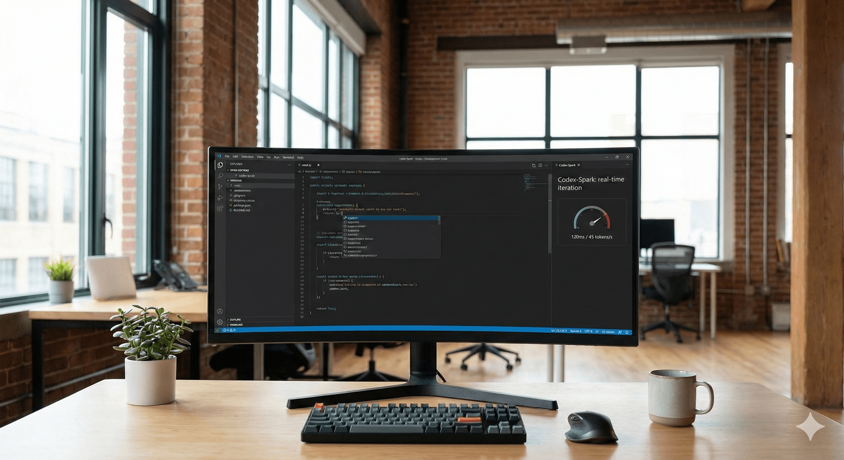 A modern office workspace featuring a large curved monitor displaying a coding interface labeled "Codex Spark: Real-Time Coding in Codex (2026)," with a keyboard, mouse, plant, and coffee mug on a wooden desk, against a backdrop of exposed brick walls and large windows.
