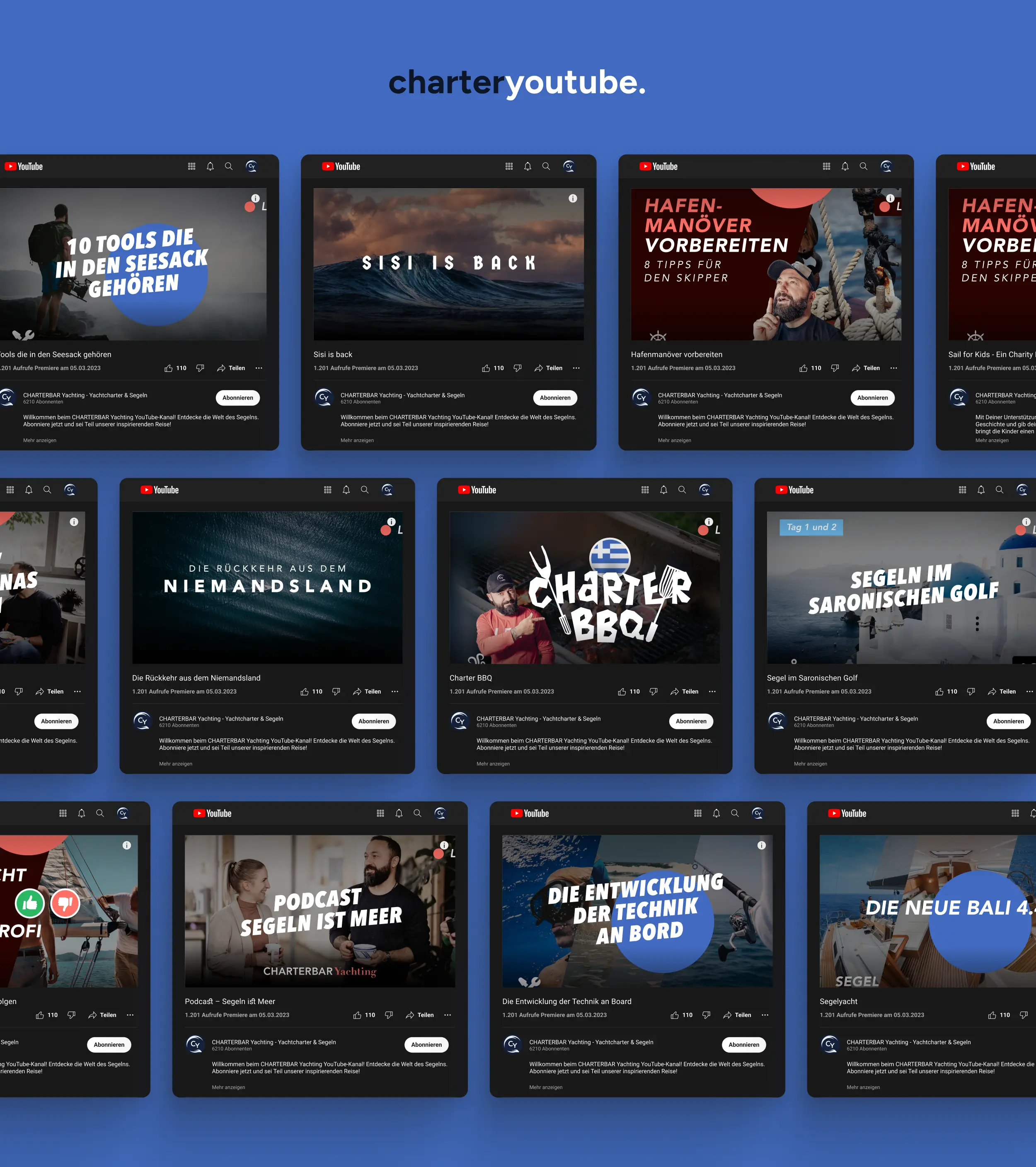 Collage von YouTube-Thumbnails unter dem Titel charteryoutube. mit Kanal CHARTERBAR Yachting – Yachtcharter & Segeln.