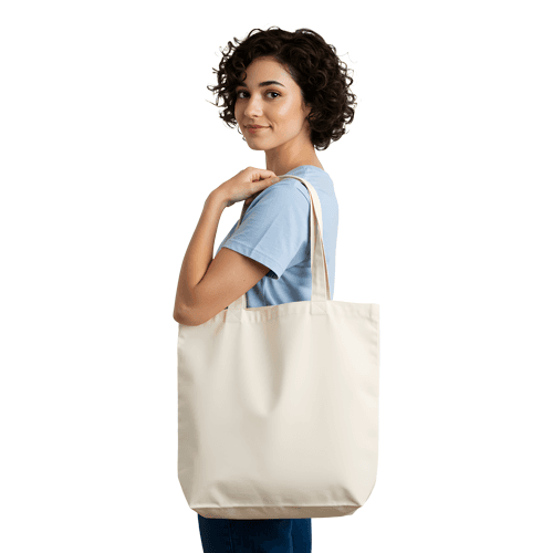 Canvas tote bag mockup holded by a curly-hair woman