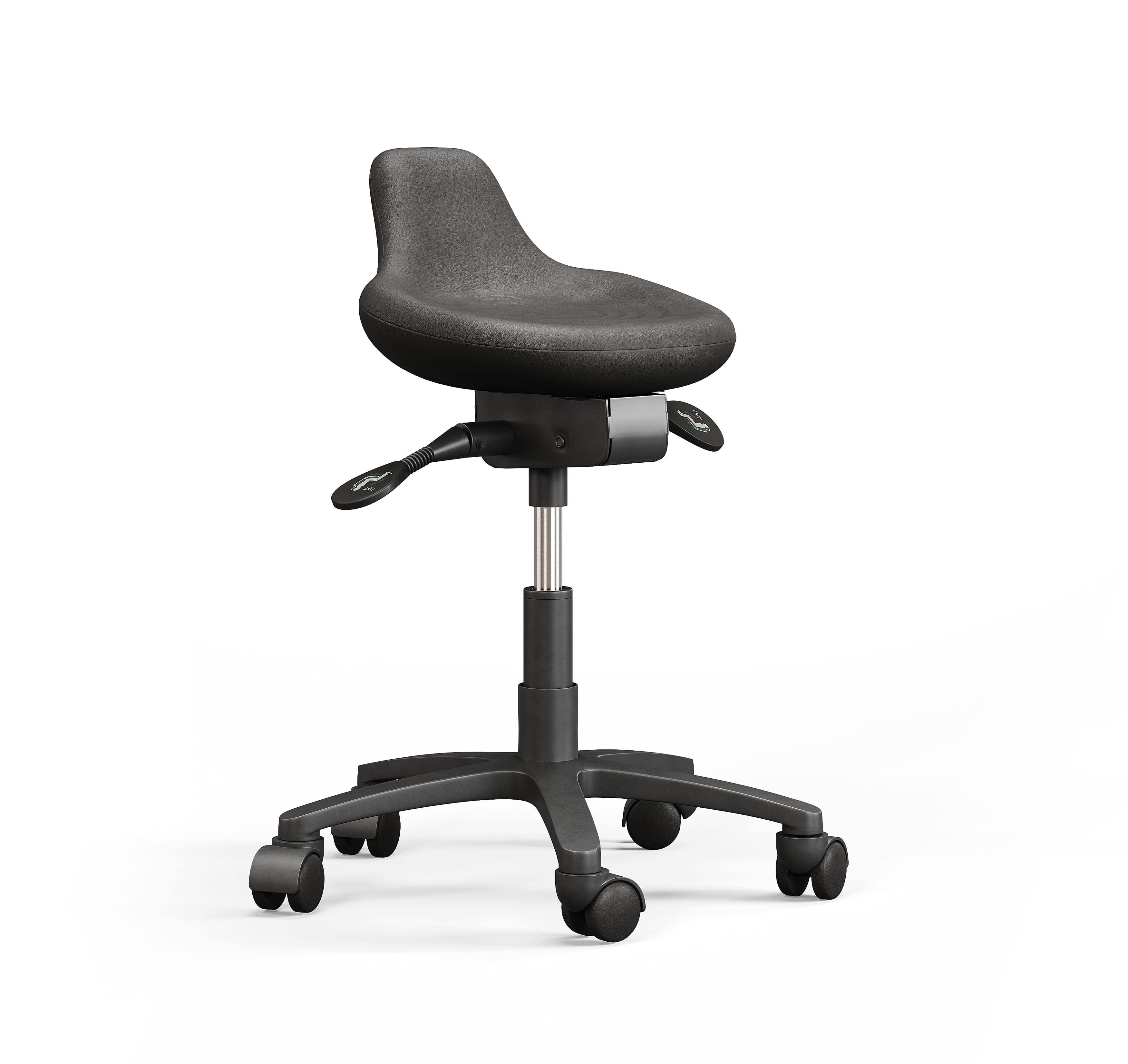 Technician stool with gas lift height adjustment and caster base in ergonomic design