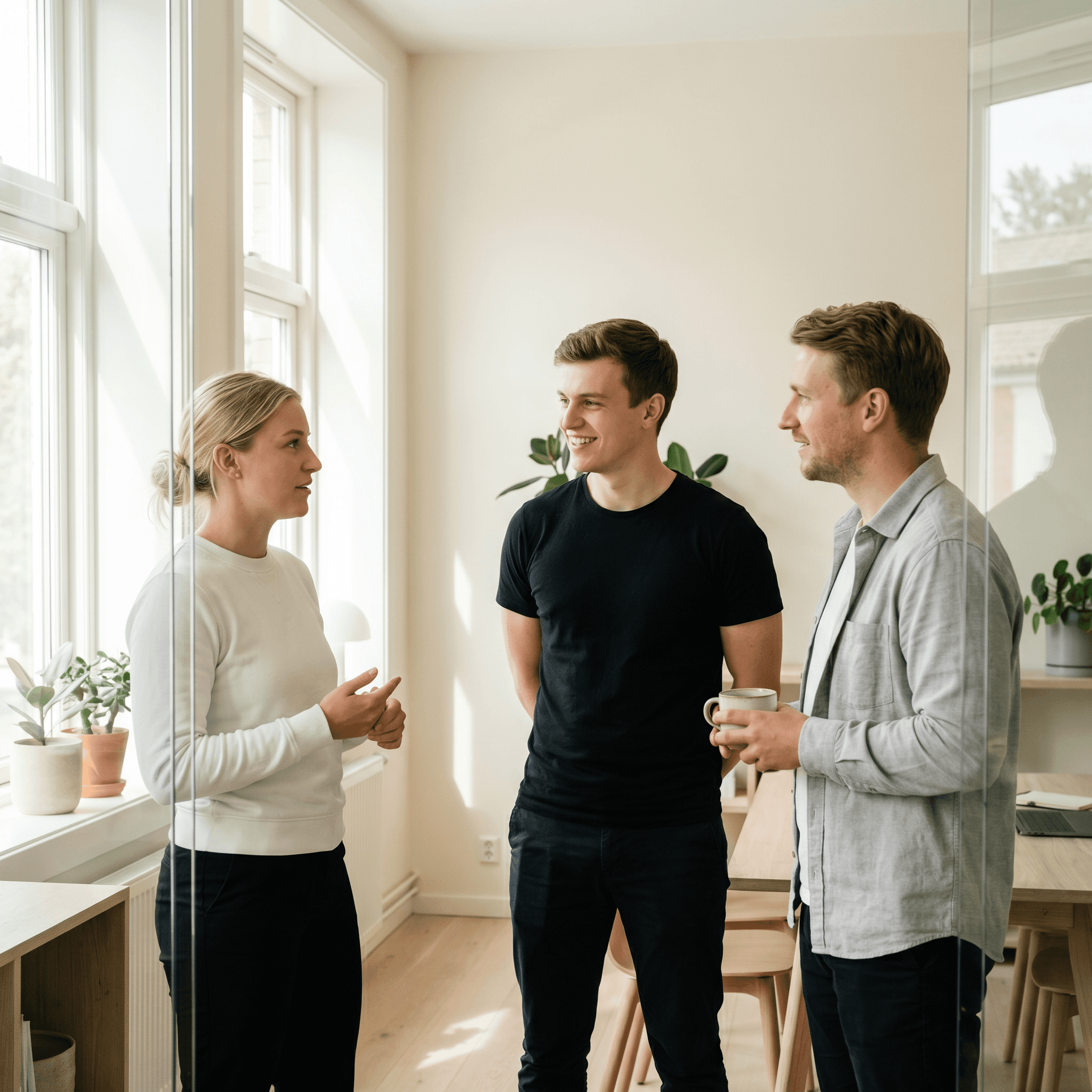 Three people talking in a bright office.