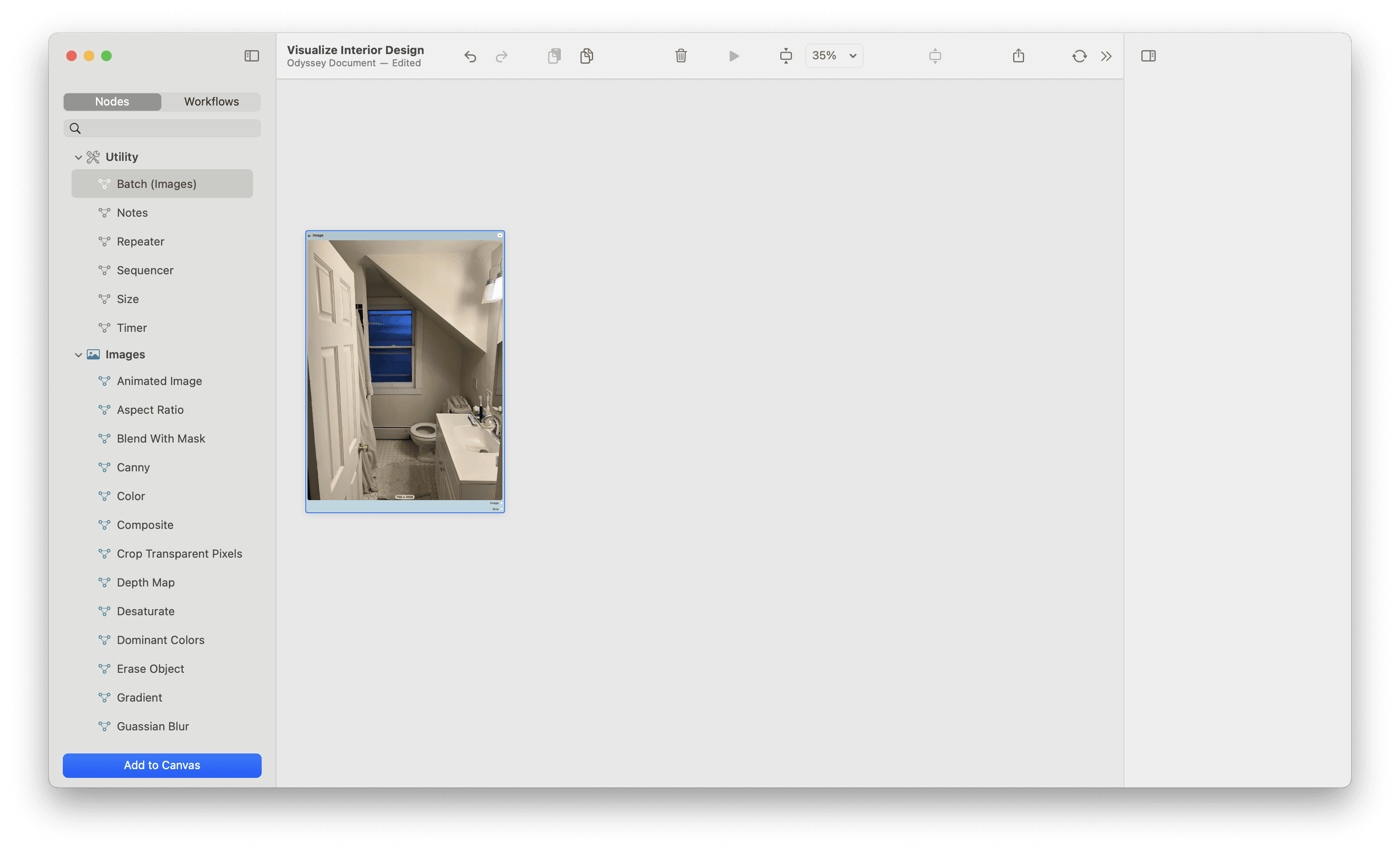 A screenshot of Odyssey with a photo of a bathroom in a node