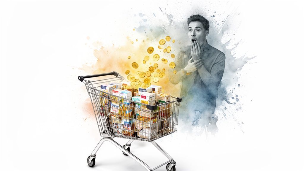 Shocked man looking at an overflowing shopping cart with money flying away, symbolizing high costs.