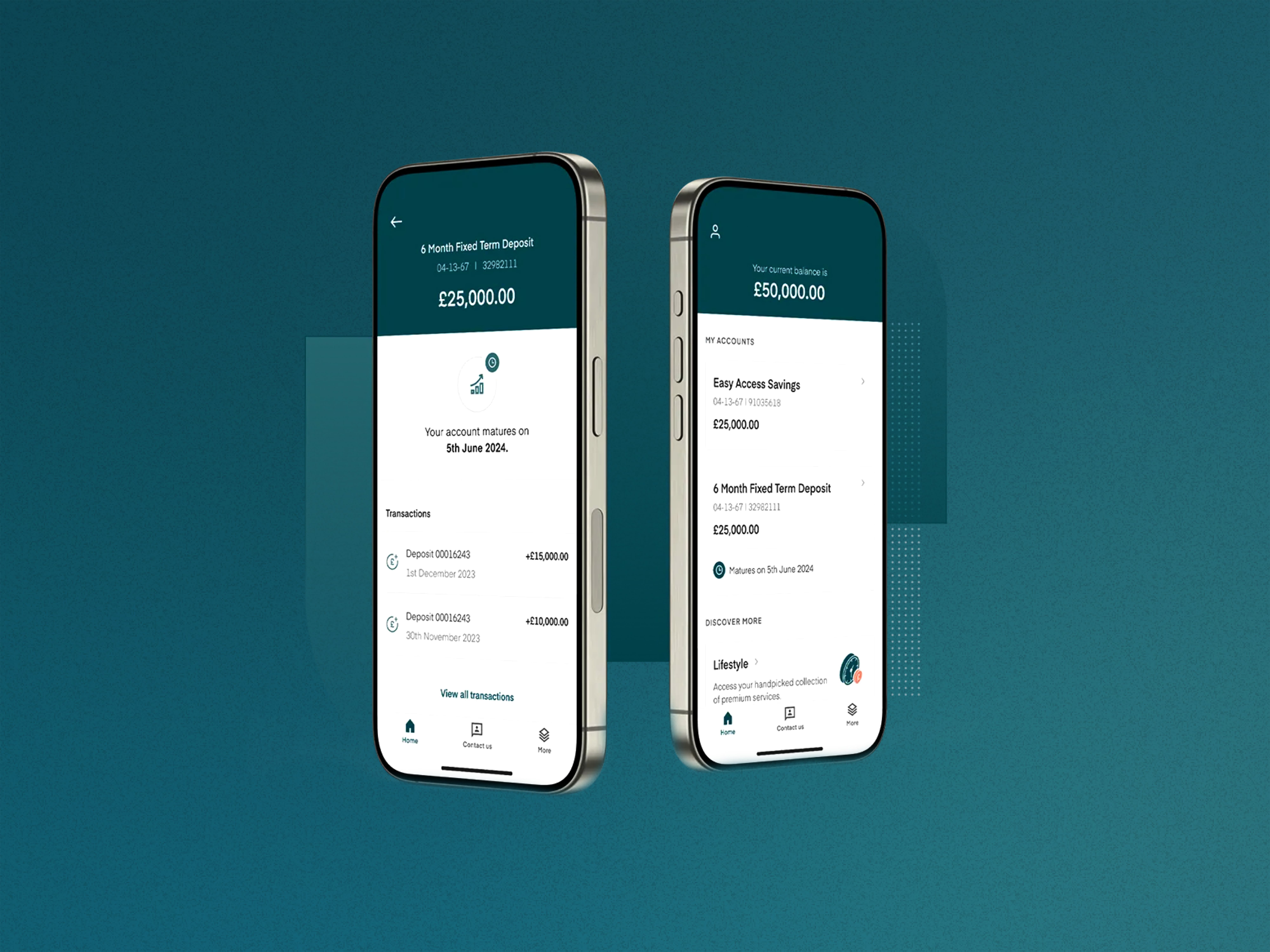 Two iPhones displaying Monument Bank investment interfaces, featuring details for 'Fixed Term Deposit' and 'Easy Access Savings' accounts on a teal background.