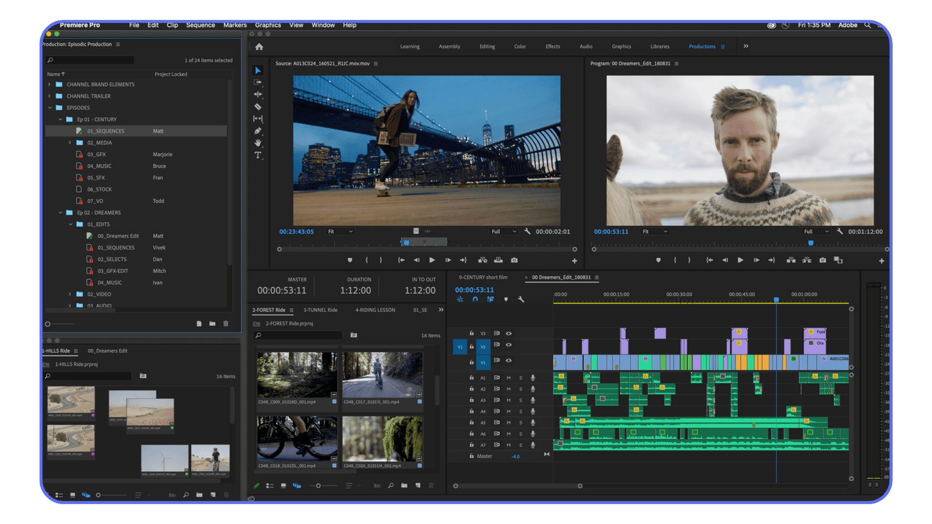 Full Premiere Pro editing interface with complex timeline, multiple tracks, and project bins visible