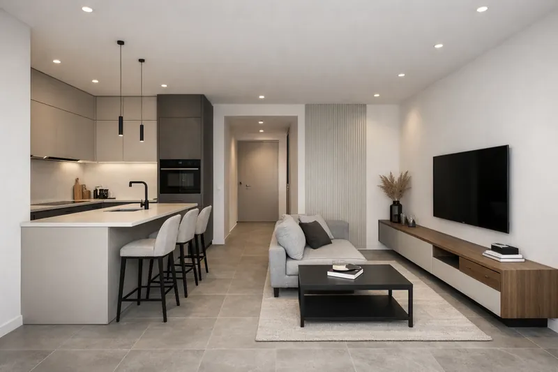 Interno di appartamento moderno ristrutturato con zona living e cucina a vista