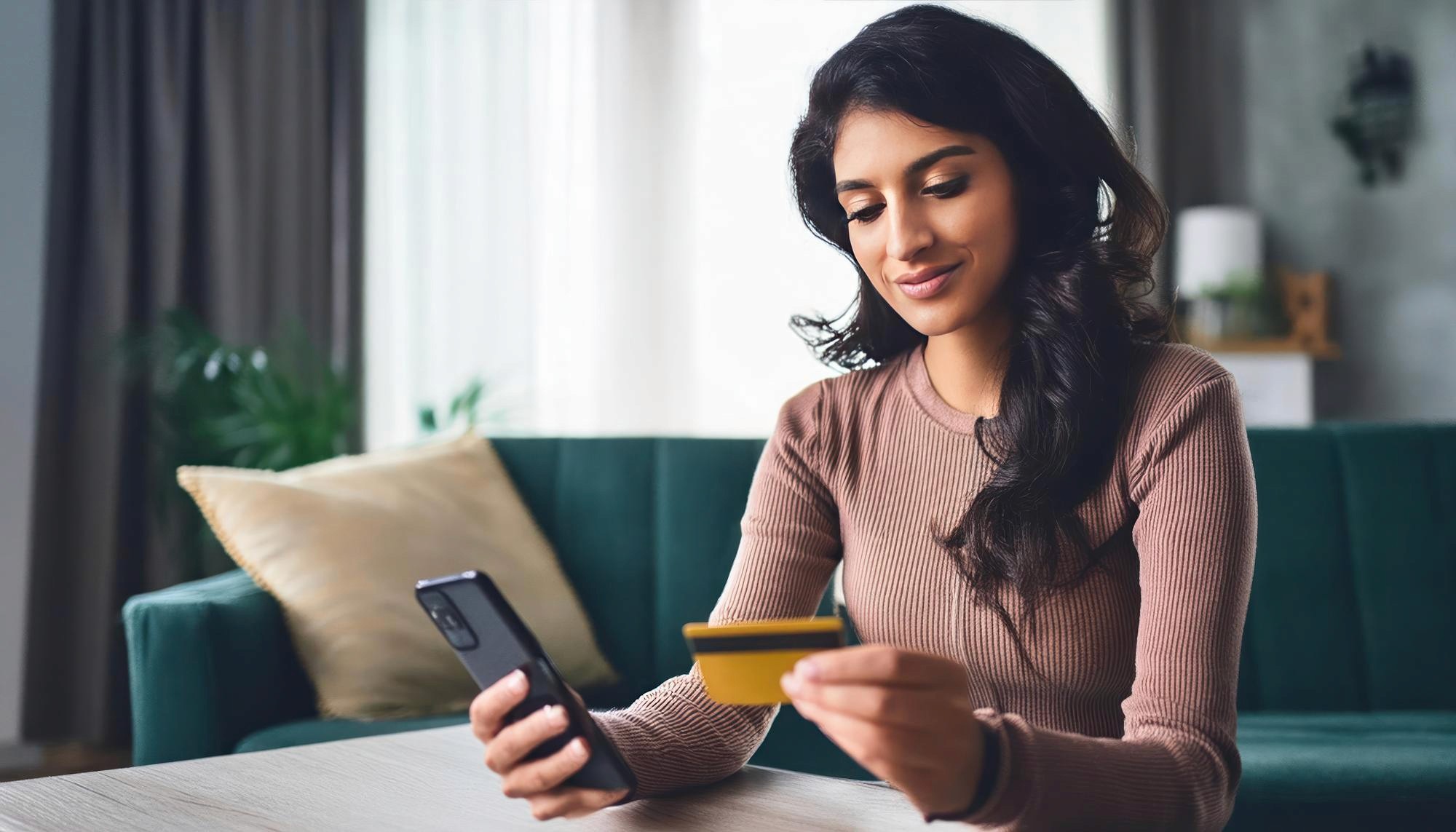 Woman holding a smartphone and payment card at home, representing how AI enhances SEPA Instant Payment compliance by enabling faster verification and smarter RegTech processes.