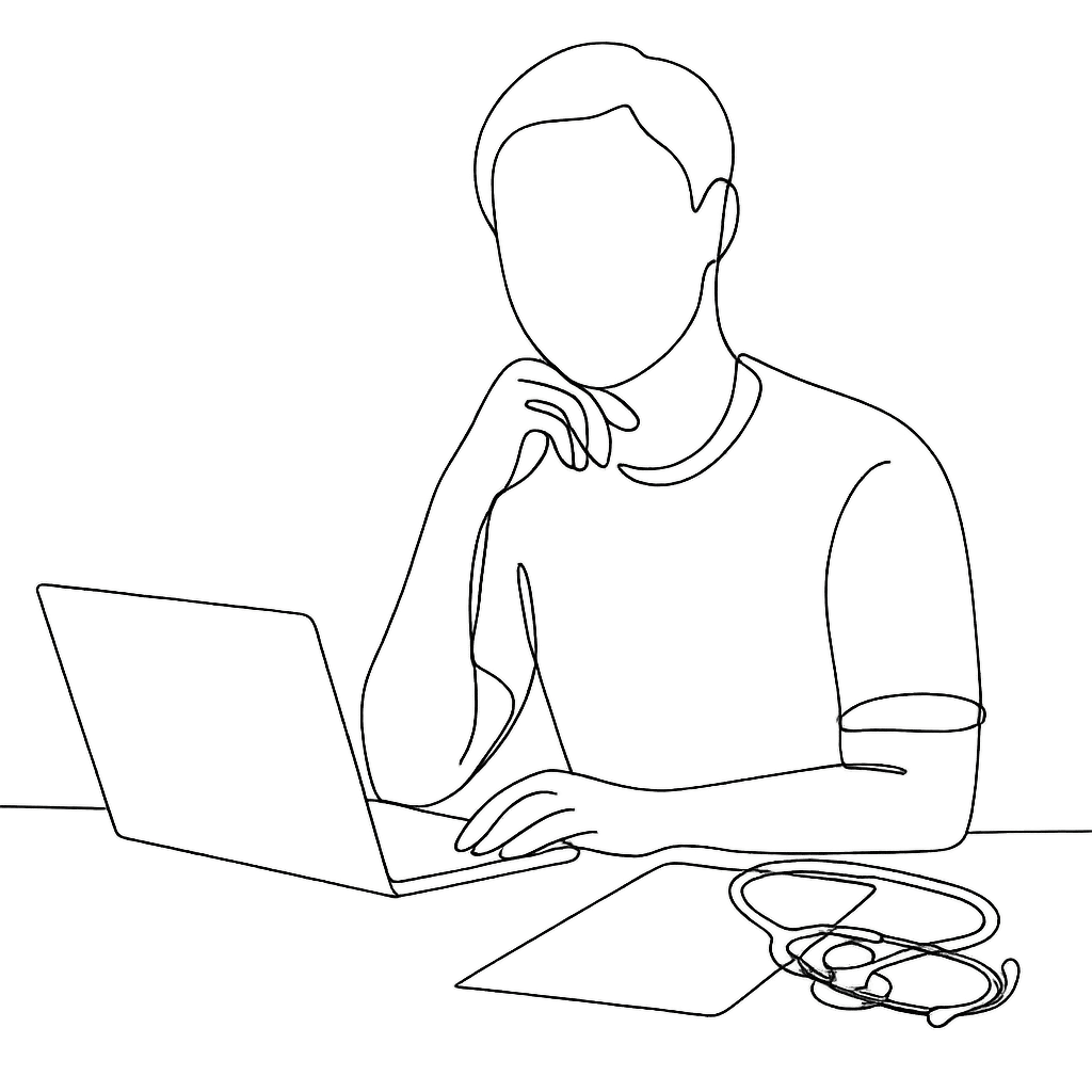 Continuous line drawing of a gender-neutral person at a laptop with documents and a stethoscope, symbolizing a panel physician performing an immigration medical exam