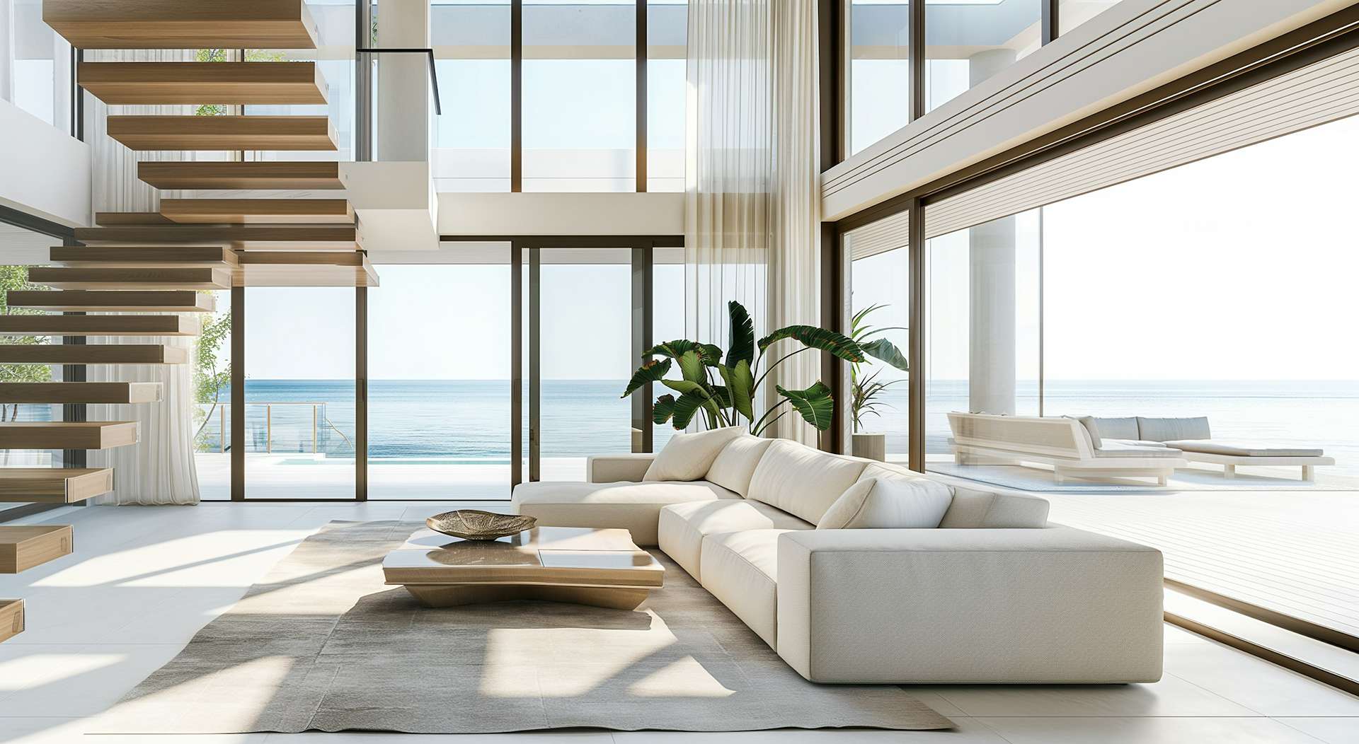 A bright open plan living area, with a view of the sea