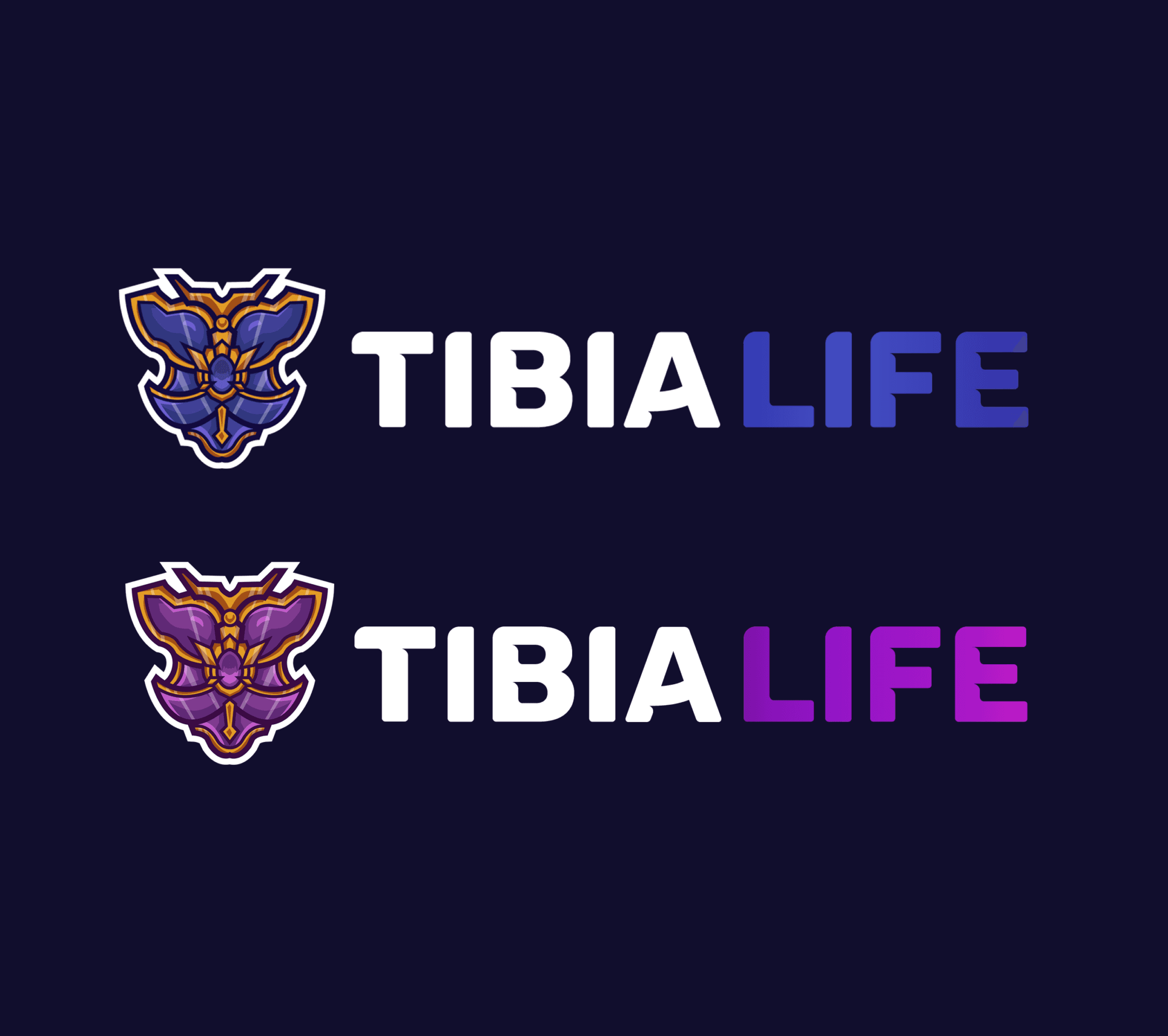 Logo principal do fansite TibiaLife, com ícone de escudo estilizado e tipografia nas cores roxa e azul.