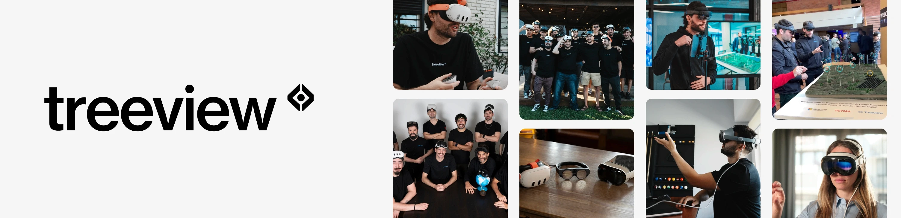 Treeview logo beside photographs of the team working with VR and mixed reality headsets, including a physical model of the green hydrogen digital twin built with Microsoft.