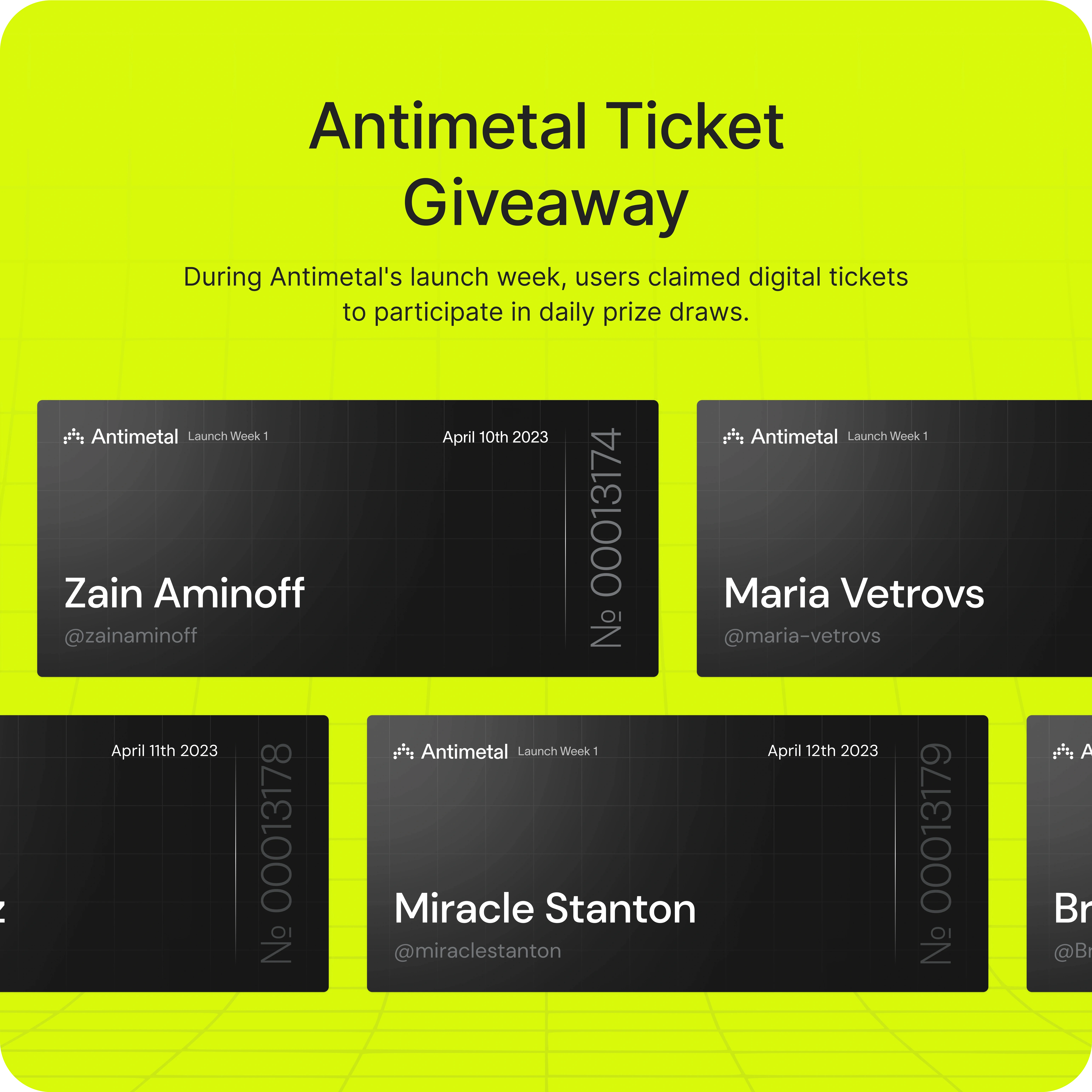 Visual showing the 'Antimetal Ticket Giveaway' during the launch week. Users claimed digital tickets to participate in daily prize draws. The image features five digital tickets with names and handles of winners: Zain Aminoff, Maria Vetrovs, Miracle Stanton, and two others, each ticket dated between April 10th and April 12th, 2023.