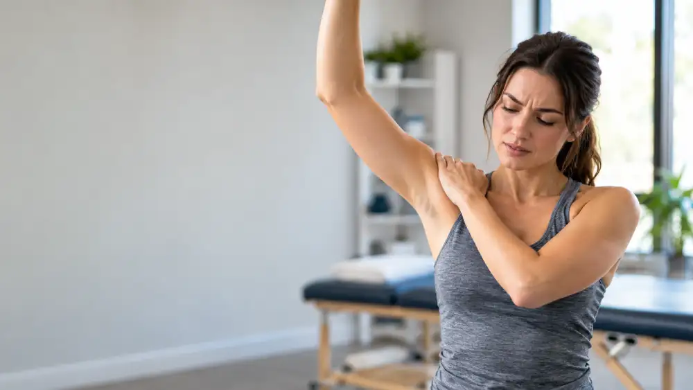 Adult experiencing shoulder pain associated with rotator cuff injury