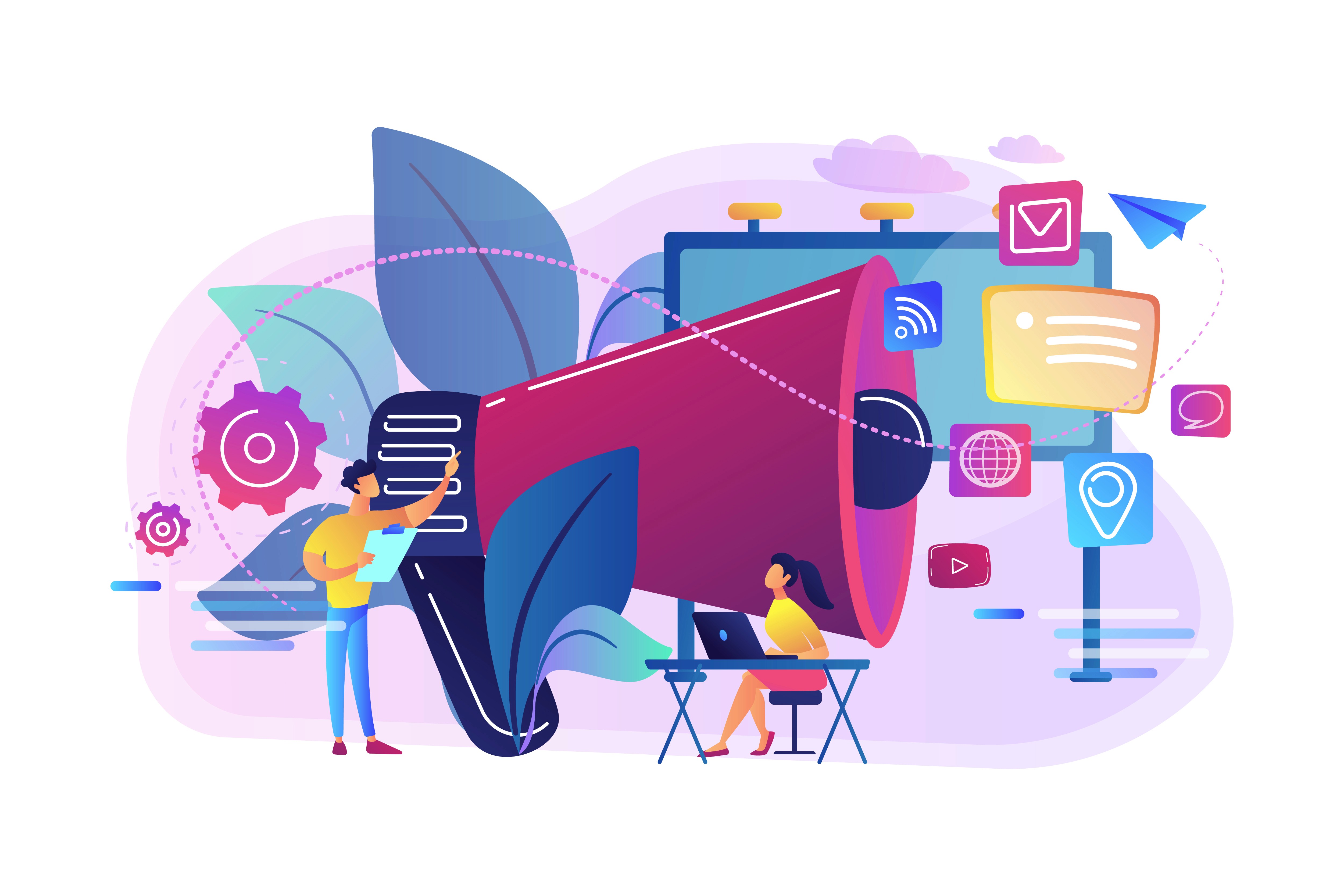 Flat illustration of two marketers managing a multi-channel influencer marketing campaign