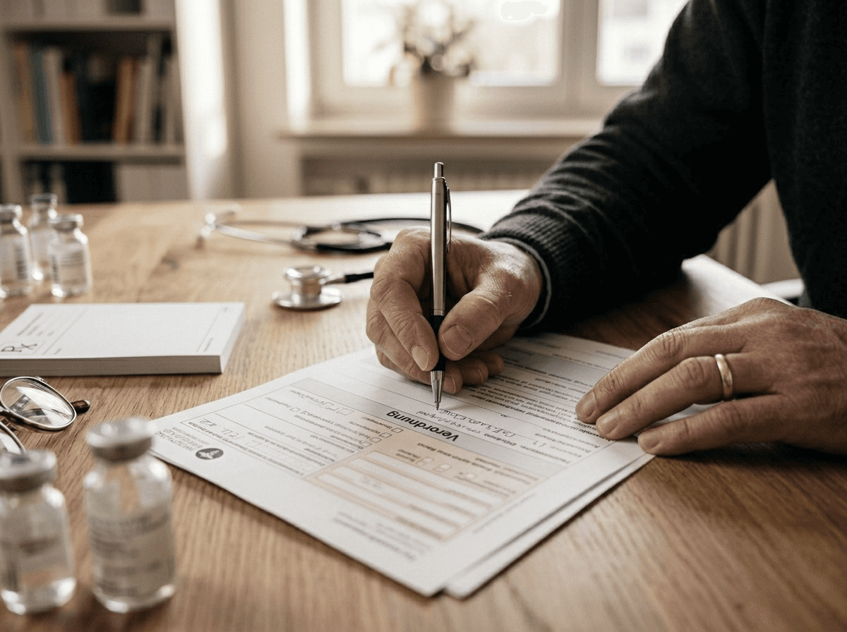 Arzthand mit Ehering unterschreibt eine Verordnung für eine Krankenfahrt auf einem Holztisch, daneben ein Stethoskop.​​​​​​​​​​​​​​​​
