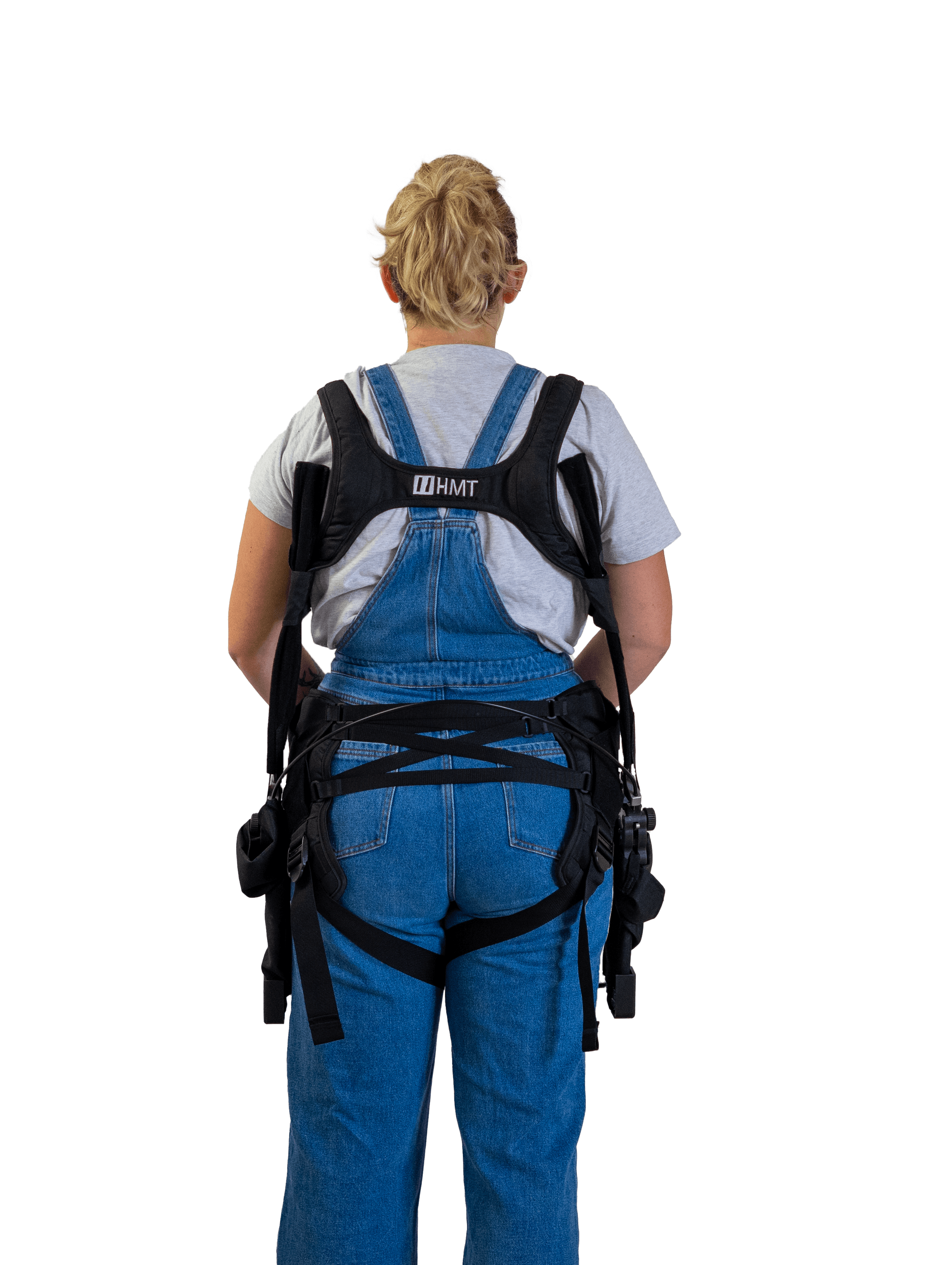 Vue arrière de l’exosquelette Wave avec harnais ergonomique et sangles ajustables offrant un soutien lombaire pour la manutention répétitive.