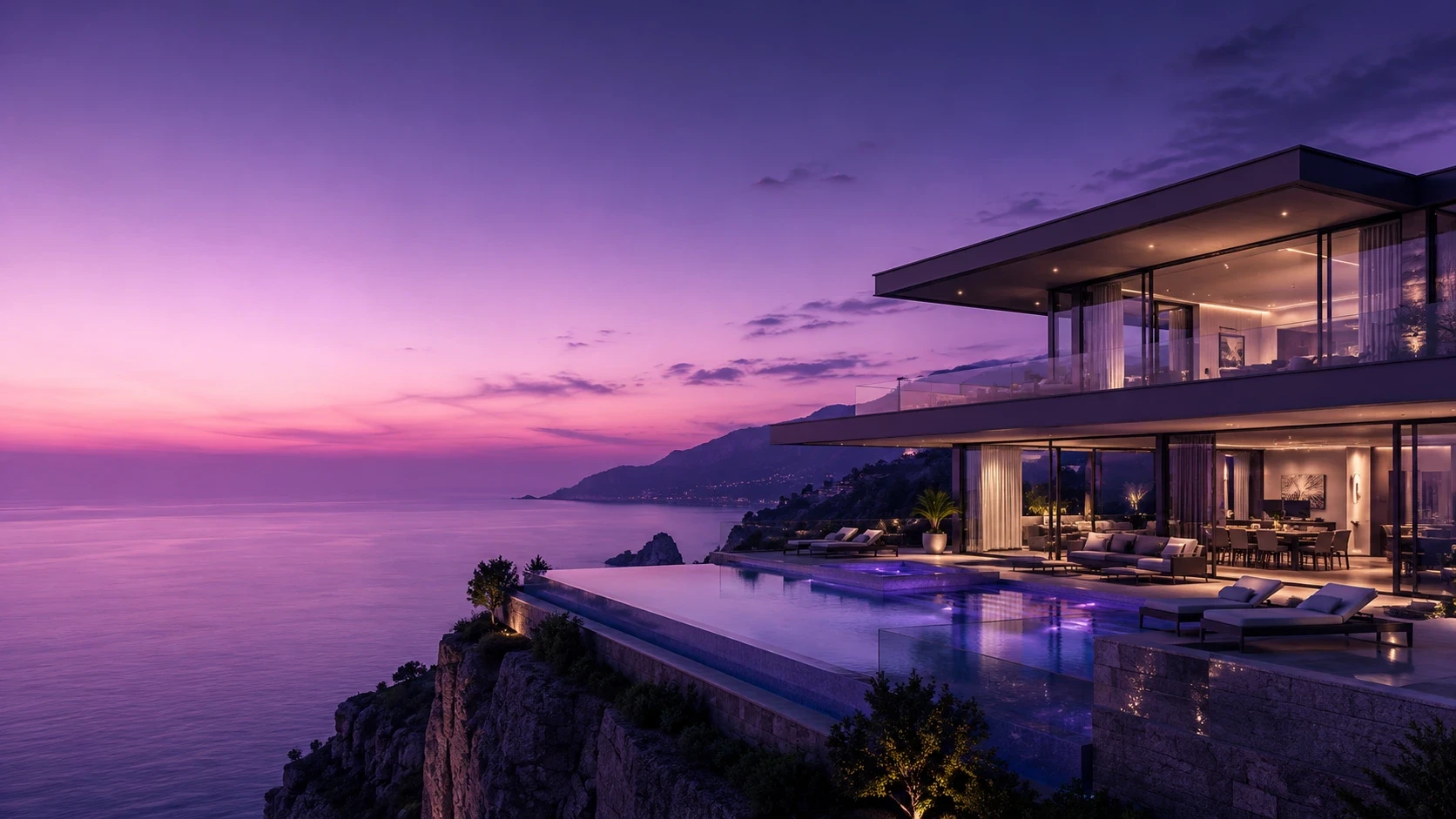 Modern white building on a cliff overlooking dark stormy seas.