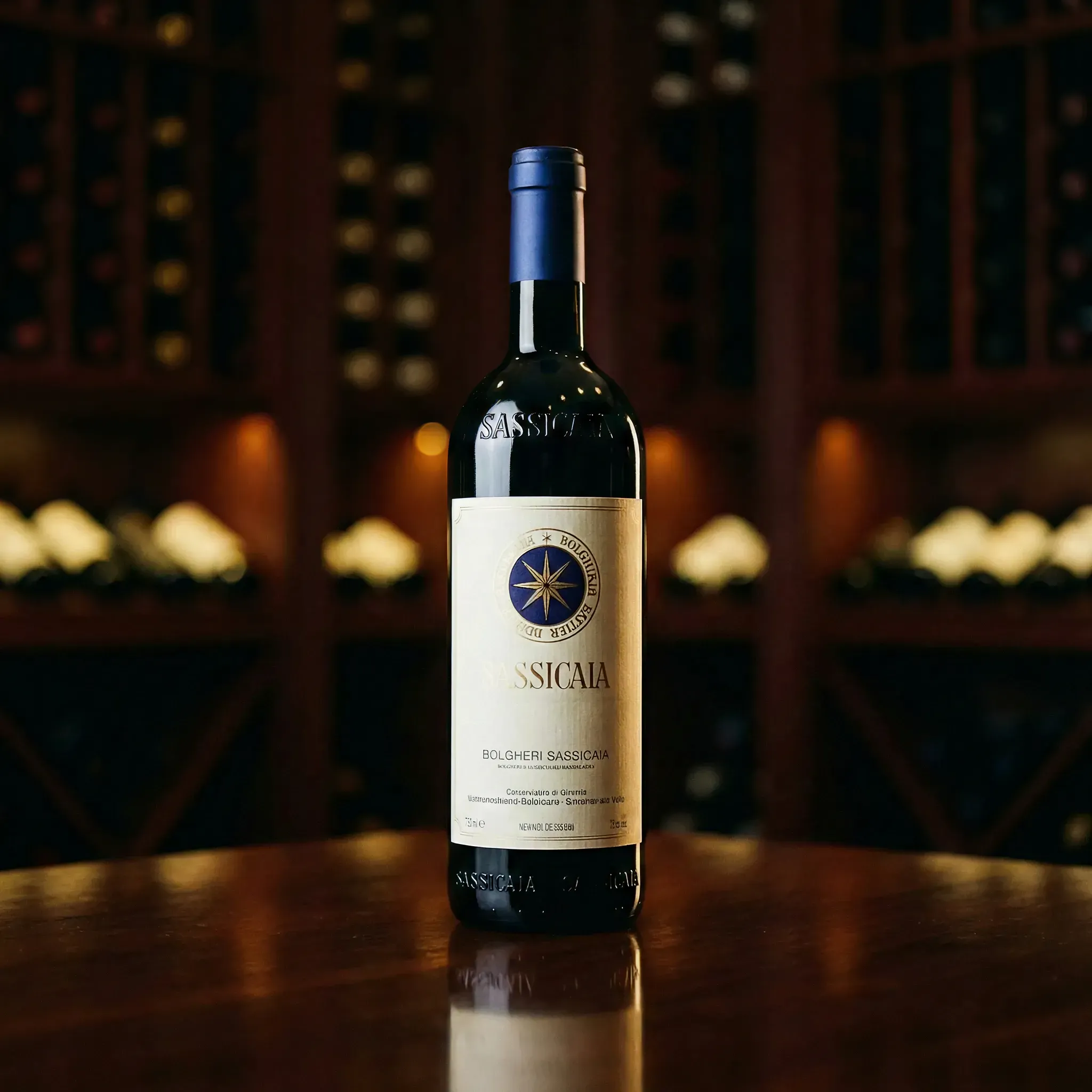 A single bottle of Sassicaia wine stands on a wooden table in a dimly lit wine cellar, with shelves of wine bottles softly illuminated in the background.