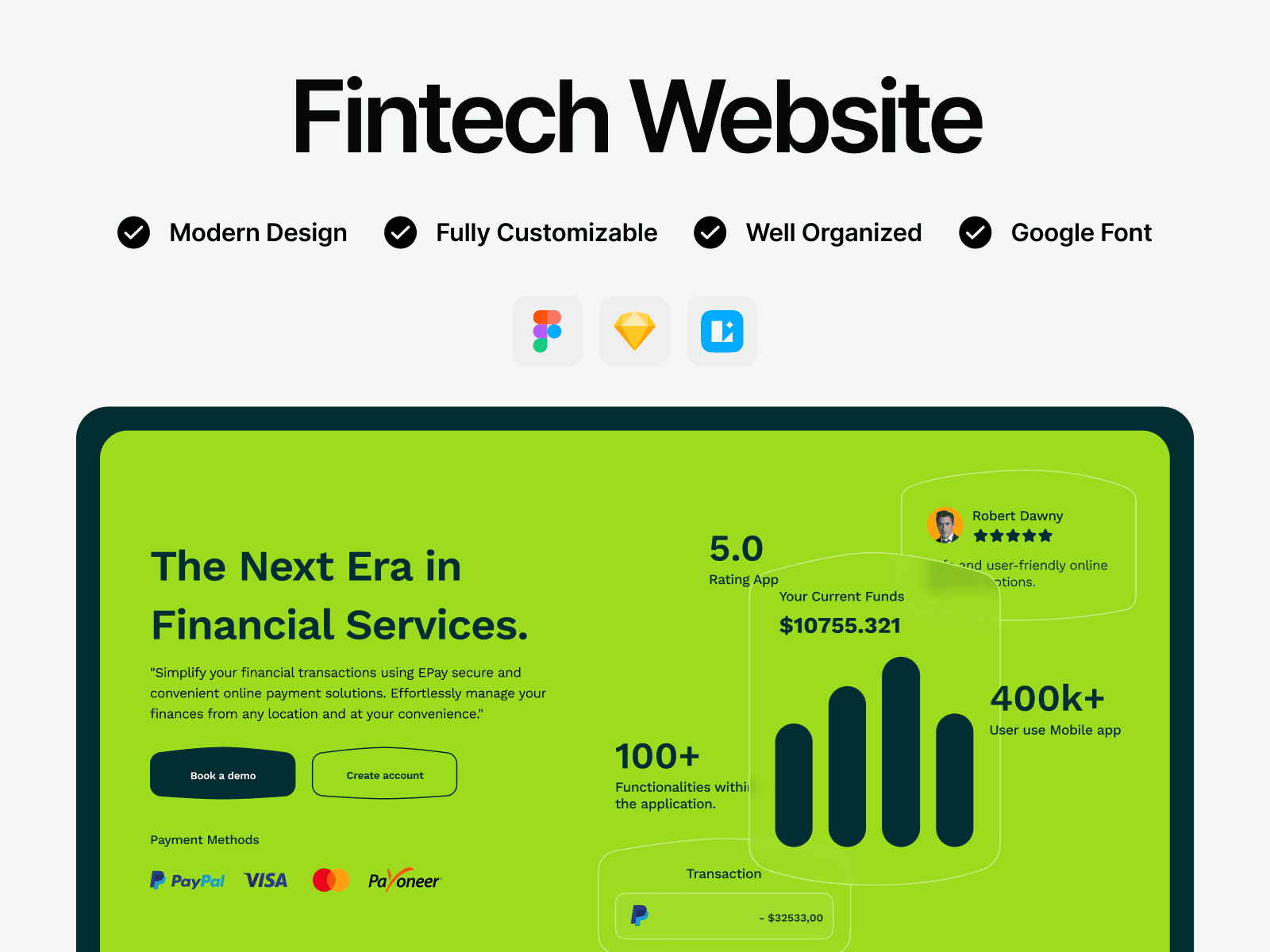 Fintech website free UI kit showcasing finance dashboards and modern interface components