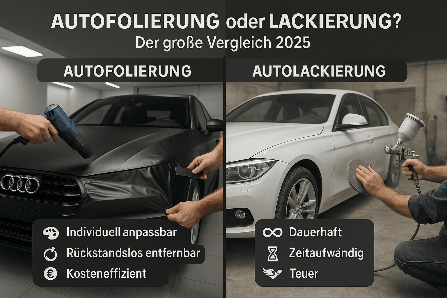 Vergleich Autofolierung vs. Lackierung 2025: Links folierter schwarzer Audi mit Heißluftfön, rechts weißer BMW wird lackiert – mit Icons zu Kosten, Aufwand und Haltbarkeit