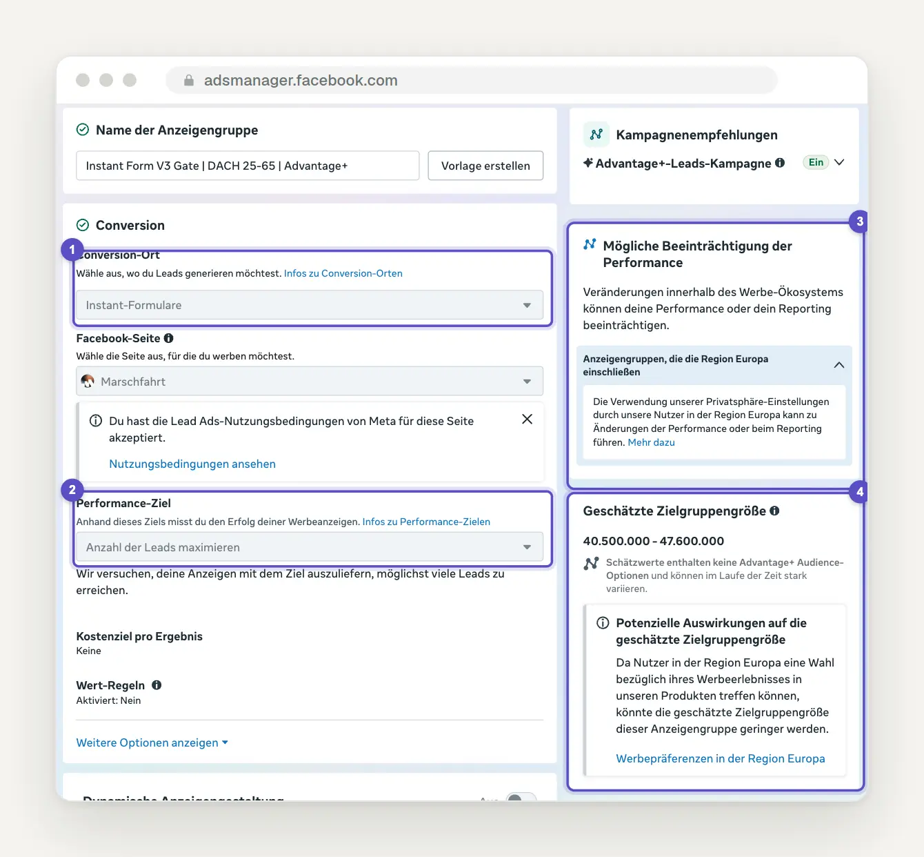 Anzeigengruppe im Werbeanzeigenmanager mit dem Conversion-Ort Instant-Formulare, dem Performance-Ziel Anzahl der Leads maximieren, einem Hinweis zur Region Europa und der geschätzten Zielgruppengröße von 40,5 bis 47,6 Millionen Personen.