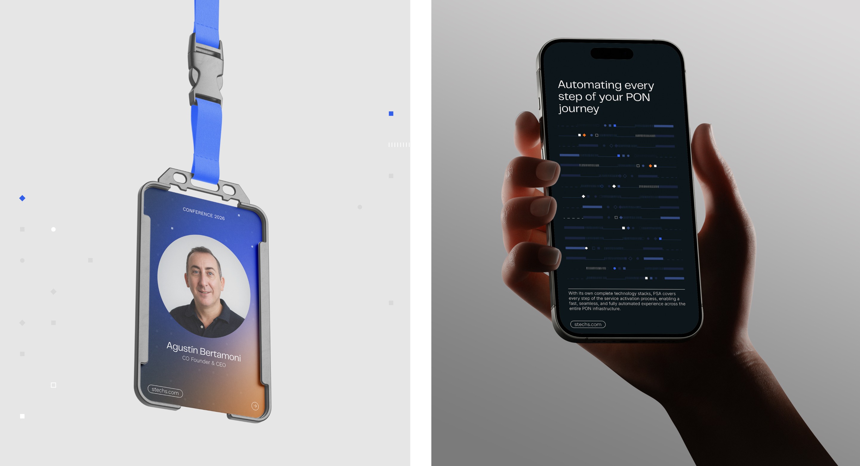 Stechs brand applied to event badge and mobile app interface