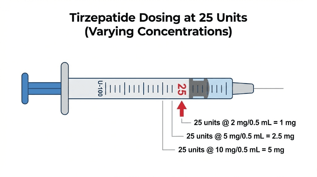 25 units on tirzepatide insulin syringe conversion to milligrams at different concentrations