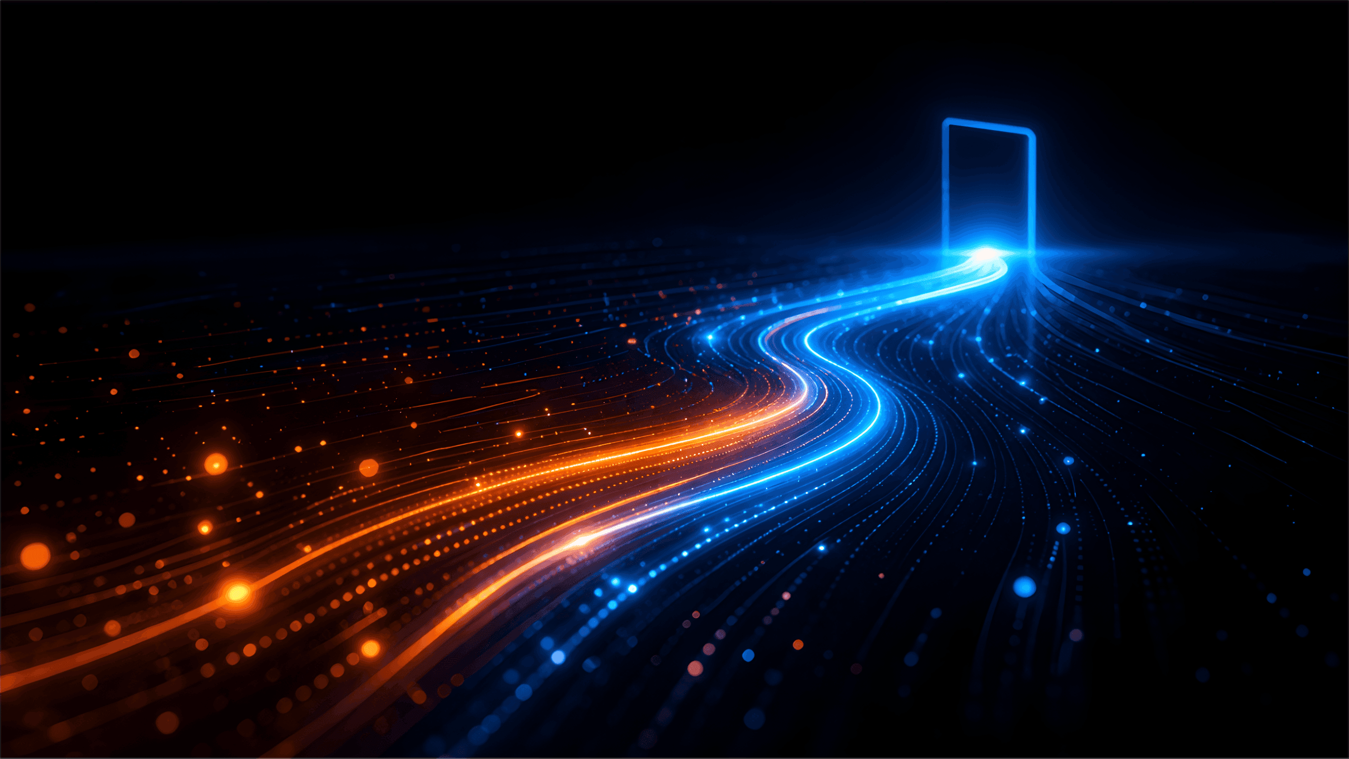 Abstract visualization of an automated billing pipeline where scattered incoming signals converge into a smooth, flowing data path that curves toward a bright endpoint, transitioning from warm orange to cool blue, representing streamlined invoicing and faster payments.