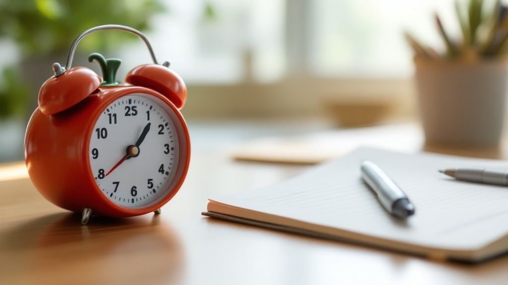Speak4Me – Illustration of the Pomodoro Technique with a timer set to 25 minutes next to a focused individual at a desk.