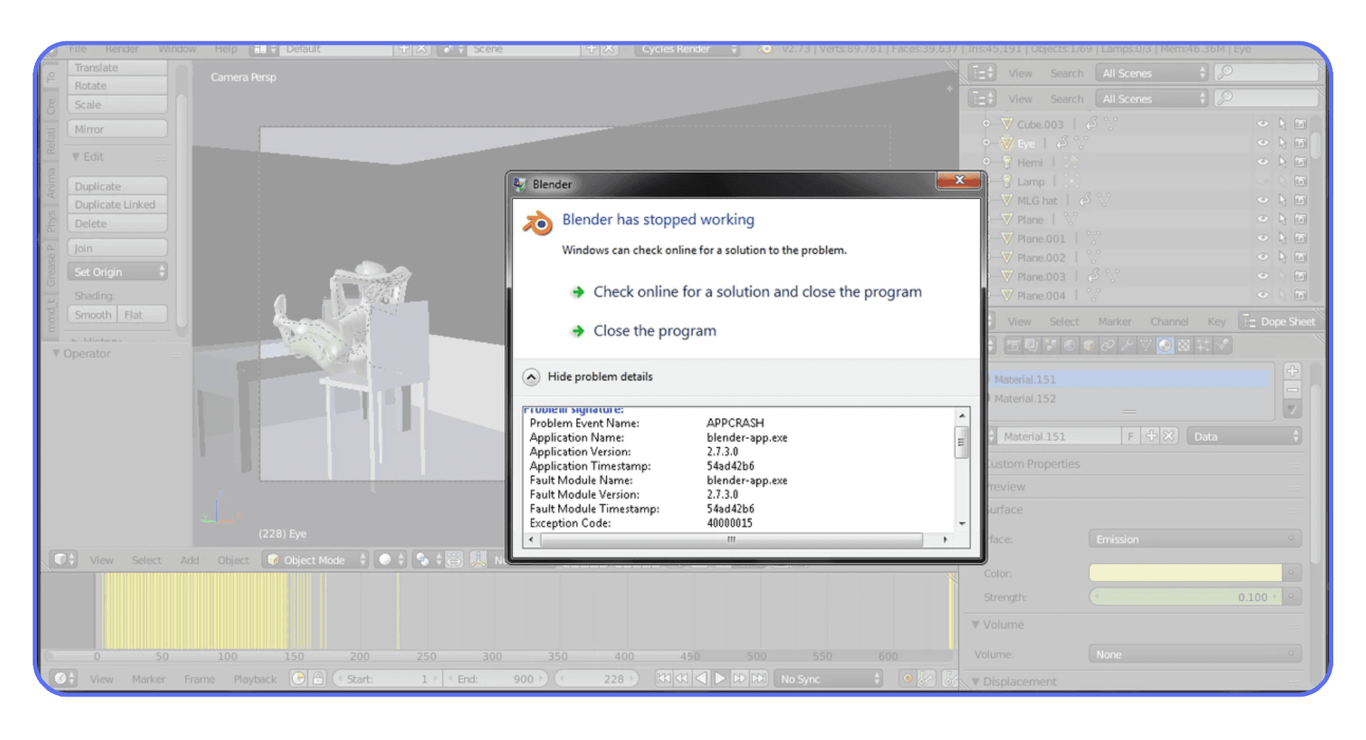 Blender application crash error displayed during a heavy render or scene operation