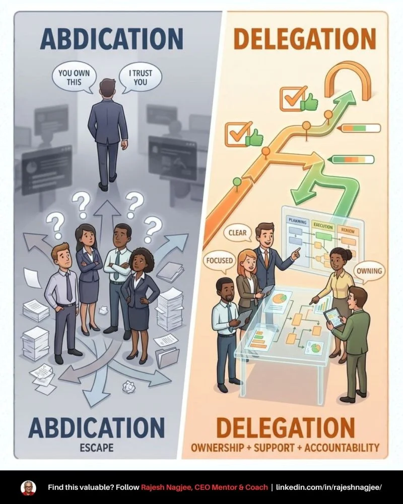 Abdication vs Delegation: abdication means walking away with no structure leaving a confused team; delegation means ownership, support, and accountability with clear systems. — Rajesh Nagjee, CEO Freedom OS™