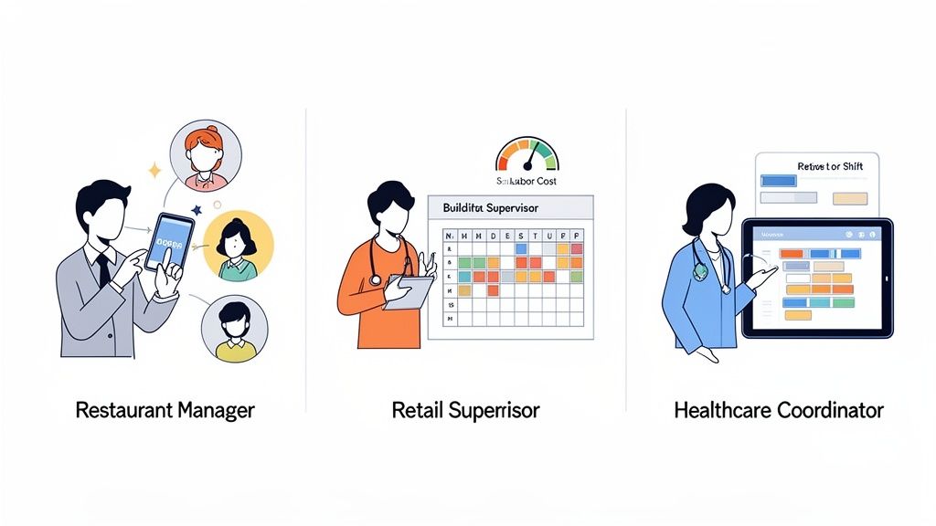 Three professionals, a restaurant manager, retail supervisor, and healthcare coordinator, using digital scheduling apps for staff and shifts.