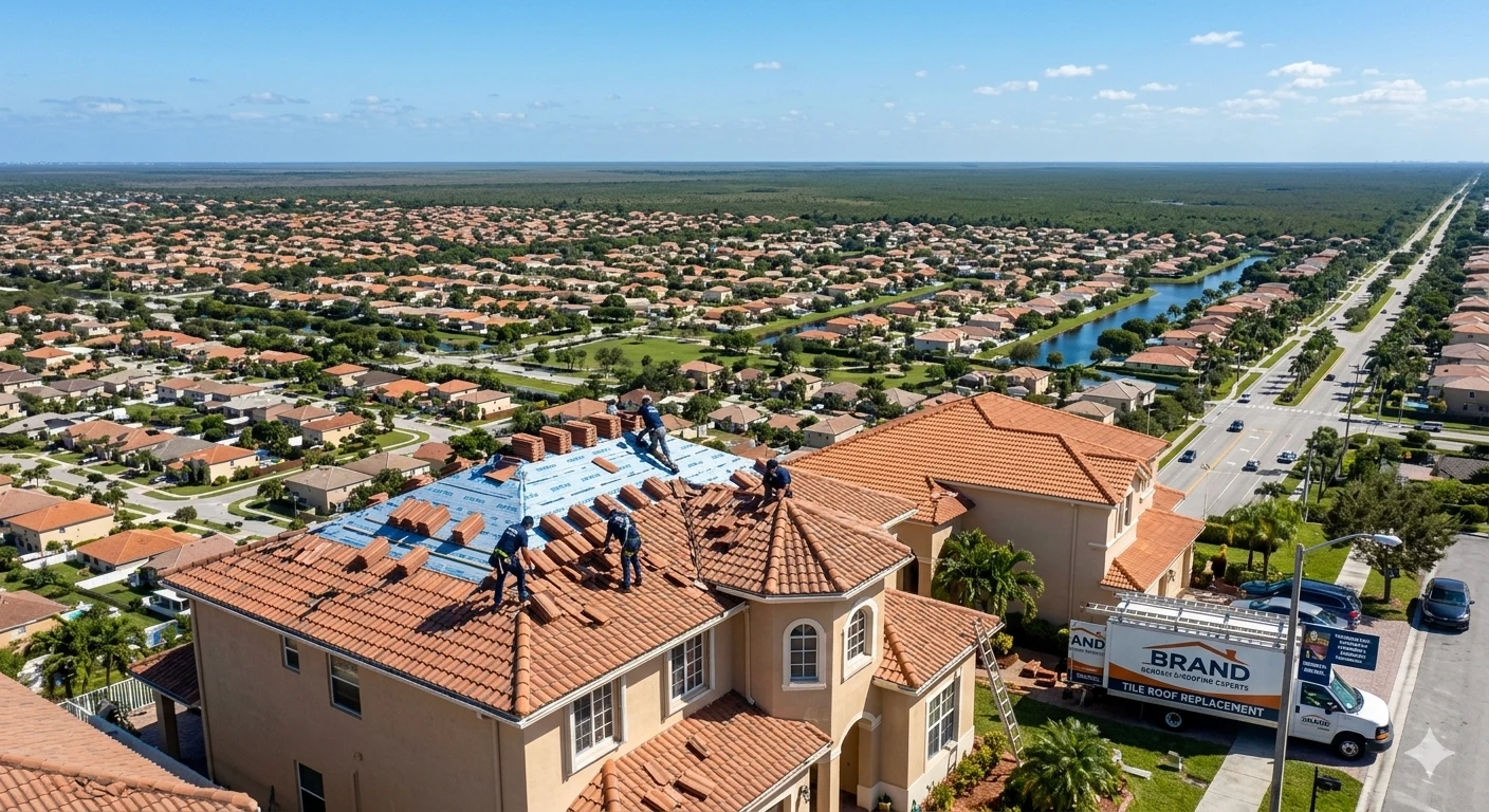Roofing contractor Kendall FL — barrel tile roof replacement on residential home in The Hammocks by Roofing Network licensed contractor